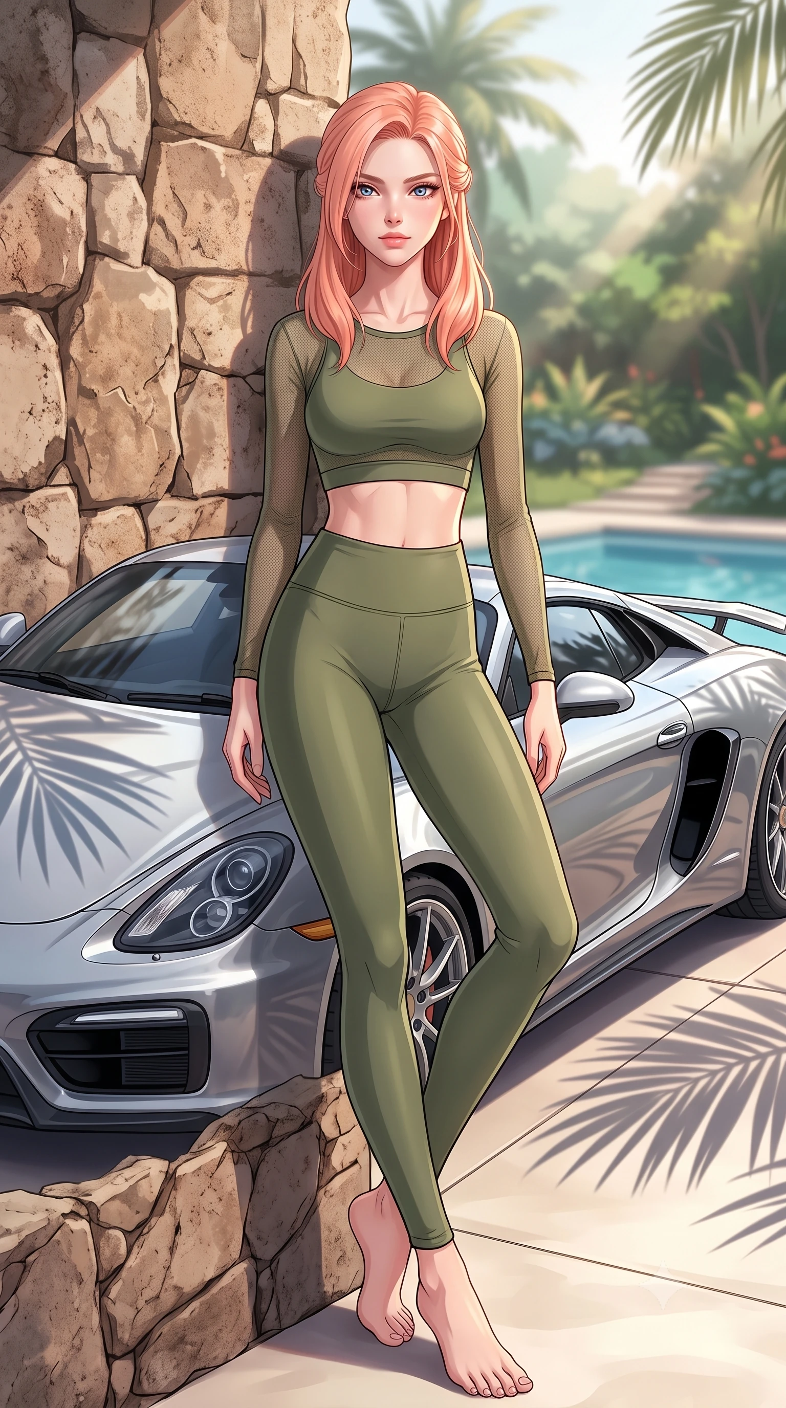 score_9, masterpiece, best quality, ultra-detailed, high-budget anime keyframe, tasteful artistic composition, Japanese woman. low angle full-body shot from head to toe showing her feet, filling the entire 9:16 vertical frame with her statuesque presence, stretching her vertical silhouette. leaning back against a rustic stone wall, casting a slow, alluring gaze at the camera the background shows a soft-focus a luxury villa pool deck with a parked supercar overlooking a tropical garden. She has an absolutely perfect, statuesque 8.5-heads proportion, an exceptionally tall and slender model-like female figure with impossibly long slender legs and an ultra-slim waist. sharp v-shaped jawline, high-bridge nose, intricate jewel-like eyes with depth, thick eyelashes, glossy lips with a natural sheen. wearing a tailored sheer mesh long-sleeve crop top in olive green, worn over a matching sports bra and leggings. soft morning sunrays casting elegant shadows of palm leaves across the car. highly saturated vibrant anime colors, cel-shading, 2d style, master piece, 9:16 ratio