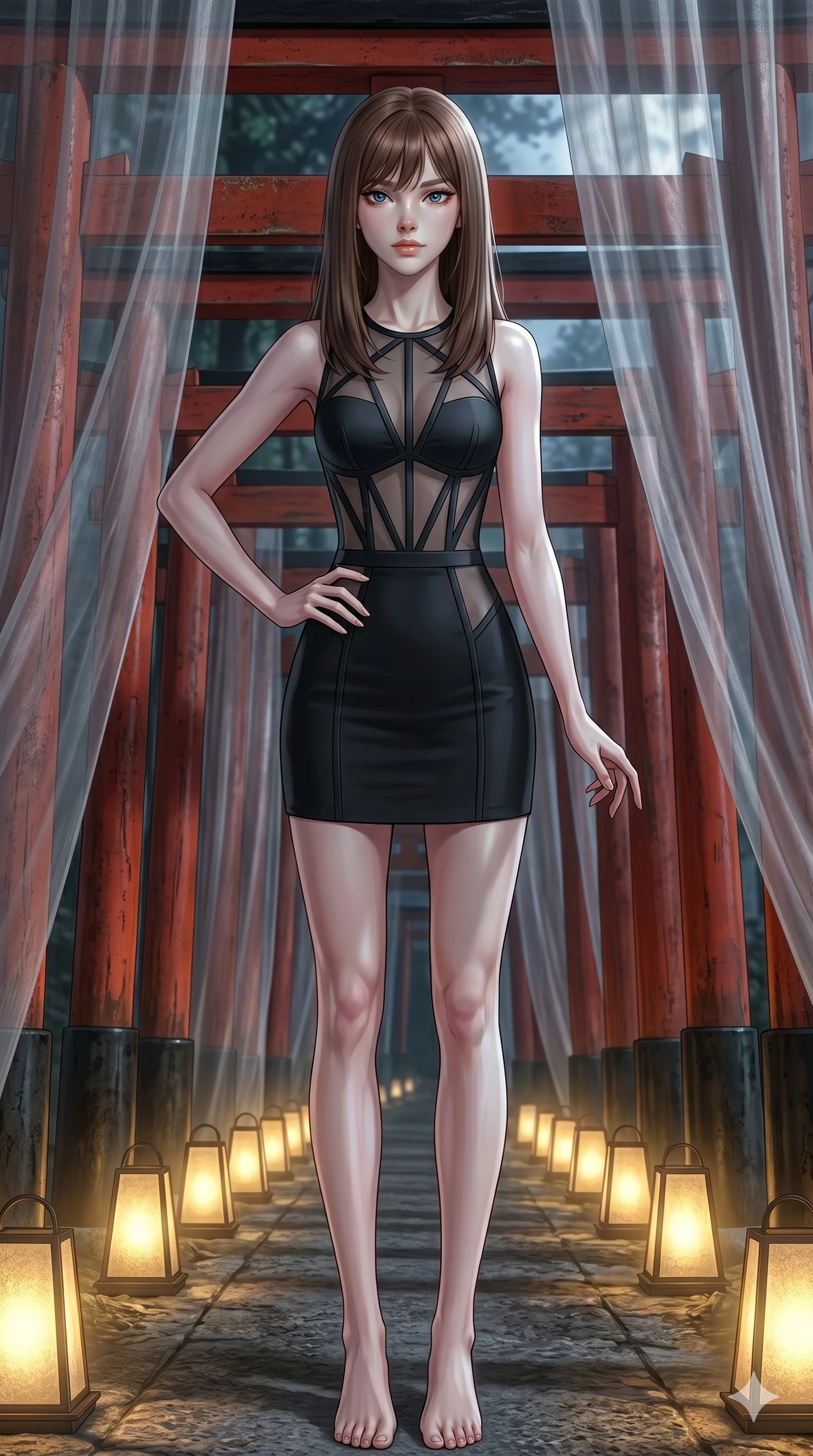 score_9, masterpiece, best quality, ultra-detailed, high-budget anime keyframe, editorial fashion photography, tasteful artistic composition, Korean woman. cowboy shot from the thighs up, character and outfit filling the frame for maximum editorial presence. Holding a confident power pose with one hand on her hip amidst a Japanese torii gate forest with golden fog-lit lanterns. She has an absolutely perfect 8-heads proportion, an exceptionally tall and slender female figure with impossibly long slender legs and an ultra-slim waist. V-shaped jawline, high-bridge nose, intricate jewel-like eyes with depth, thick eyelashes, glossy lips with a natural sheen. wearing a bold structured mini dress with an opaque black matte body and a contrasting fully-lined sheer organza panel at the torso with geometric architectural framing, creating an illusion of depth. bathed in cold silver moonlight filtered through translucent gossamer curtains casting soft shadows on her curves. 2k, ultra detail, master piece, 9:16 ratio