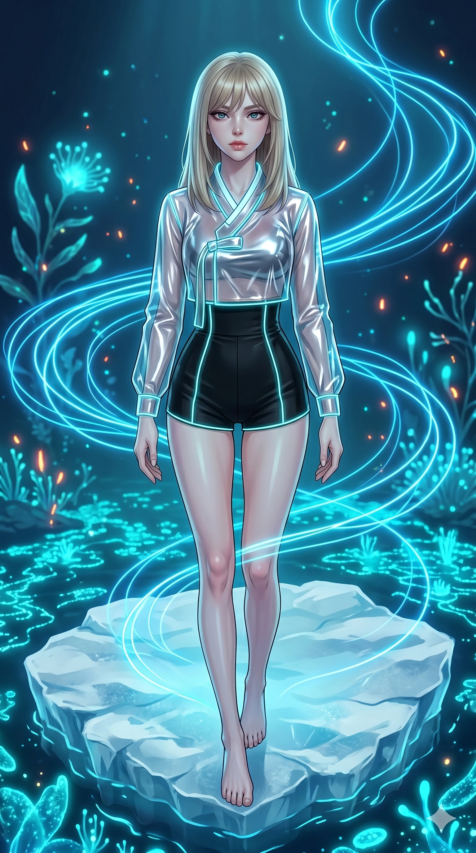score_9, masterpiece, best quality, ultra-detailed, high-budget anime keyframe, editorial fashion photography, tasteful artistic composition, Japanese woman. upper body close-up from the thighs up, character filling the screen for maximum presence. floating suspended above on a floating ice floe in a sea of glowing cyan bioluminescent plankton as neon blue fluid lines follow her path like light trails. She has an absolutely perfect 8-heads proportion, an exceptionally tall and slender female figure with impossibly long slender legs and an ultra-slim waist. V-shaped jawline, high-bridge nose, intricate jewel-like eyes with depth, thick eyelashes, glossy lips with a natural sheen.. wearing a vinyl liquid silver fusion hanbok, featuring a translucent chrome-silver vinyl jeogori, high-waist black high-waist fitted shorts, and glowing neon wire trims with a refined V-neckline detail. enhanced by the soft inner light of bioluminescent flora and neon embers in the background. 2k, ultra detail, master piece, 9:16 ratio