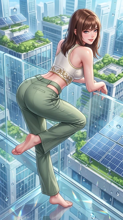 score_9, masterpiece, best quality, ultra-detailed, high-budget anime keyframe, semi-realistic 3D game render, editorial fashion photography, tasteful artistic composition, Korean woman. low angle full-body shot from head to toe showing her feet, fil
