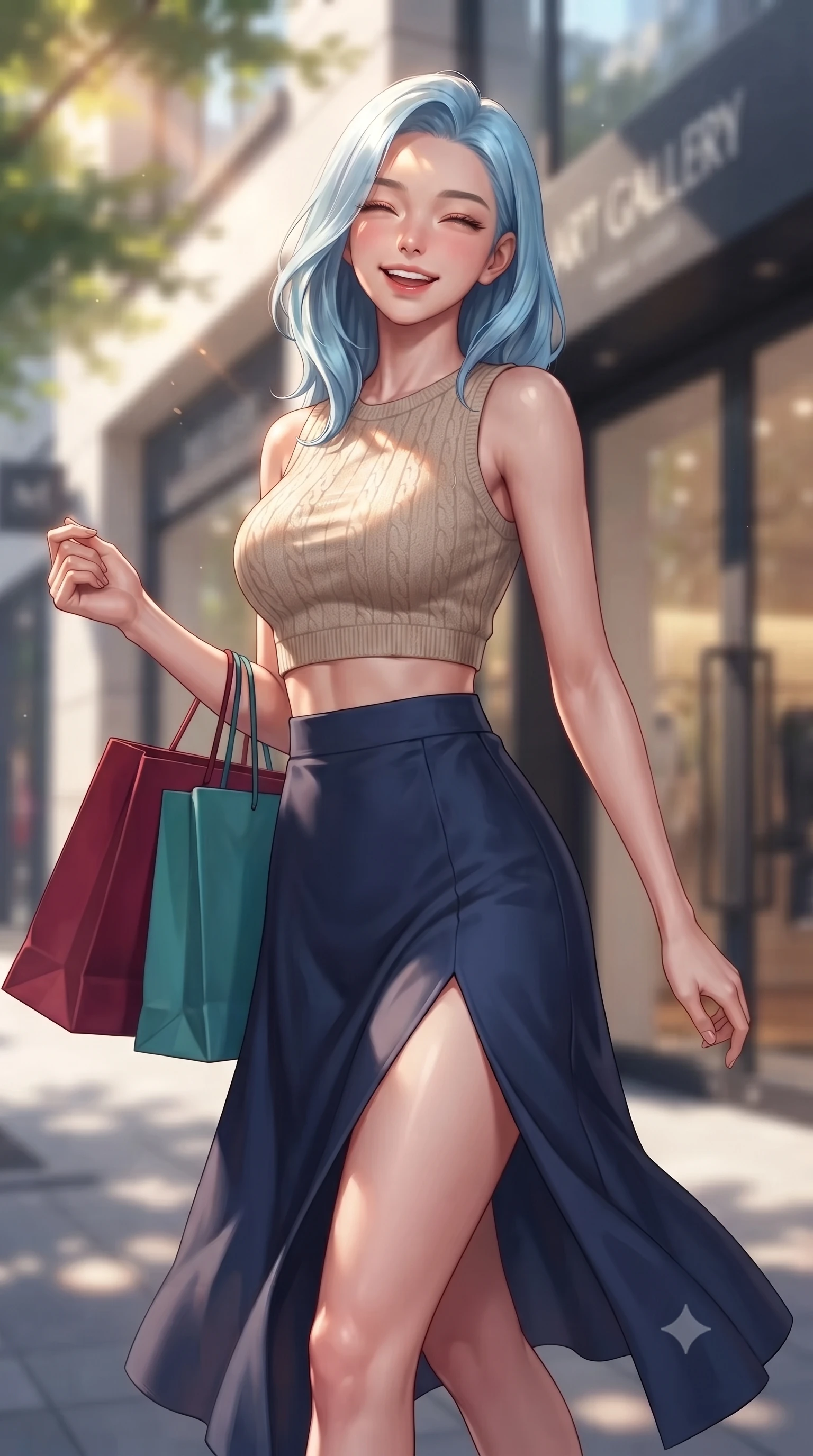score_9, masterpiece, best quality, ultra-detailed, high-budget anime keyframe, editorial fashion photography, tasteful artistic composition, Korean woman. close-up cowboy shot from the waist and thighs up, the character dominates the composition, filling the frame with her large presence, background elements kept in soft focus. smiling happily with closed eyes, enjoying the warm sunbeams on her face set against a soft-focus background of near a modern art gallery entrance on a fashionable city street carrying a couple of colorful shopping bags with a happy, excited look. She has an exceptionally elegant, slender, and willowy female figure with an ultra-slim waist, a gracefully sculpted slender torso, and a refined silhouette. sharp v-shaped jawline, high-bridge nose, intricate jewel-like eyes with depth, thick eyelashes, glossy lips with a natural sheen. wearing tailored crop top in oatmeal knit paired with a flowy midi skirt featuring a high side slit. dappled sunlight filtering through the street trees, casting soft shadows. highly saturated vibrant anime colors, detailed shading with soft gradients, rich glossy textures, high-contrast stereoscopic depth, volumetric dynamic lighting, master piece, 9:16 ratio
