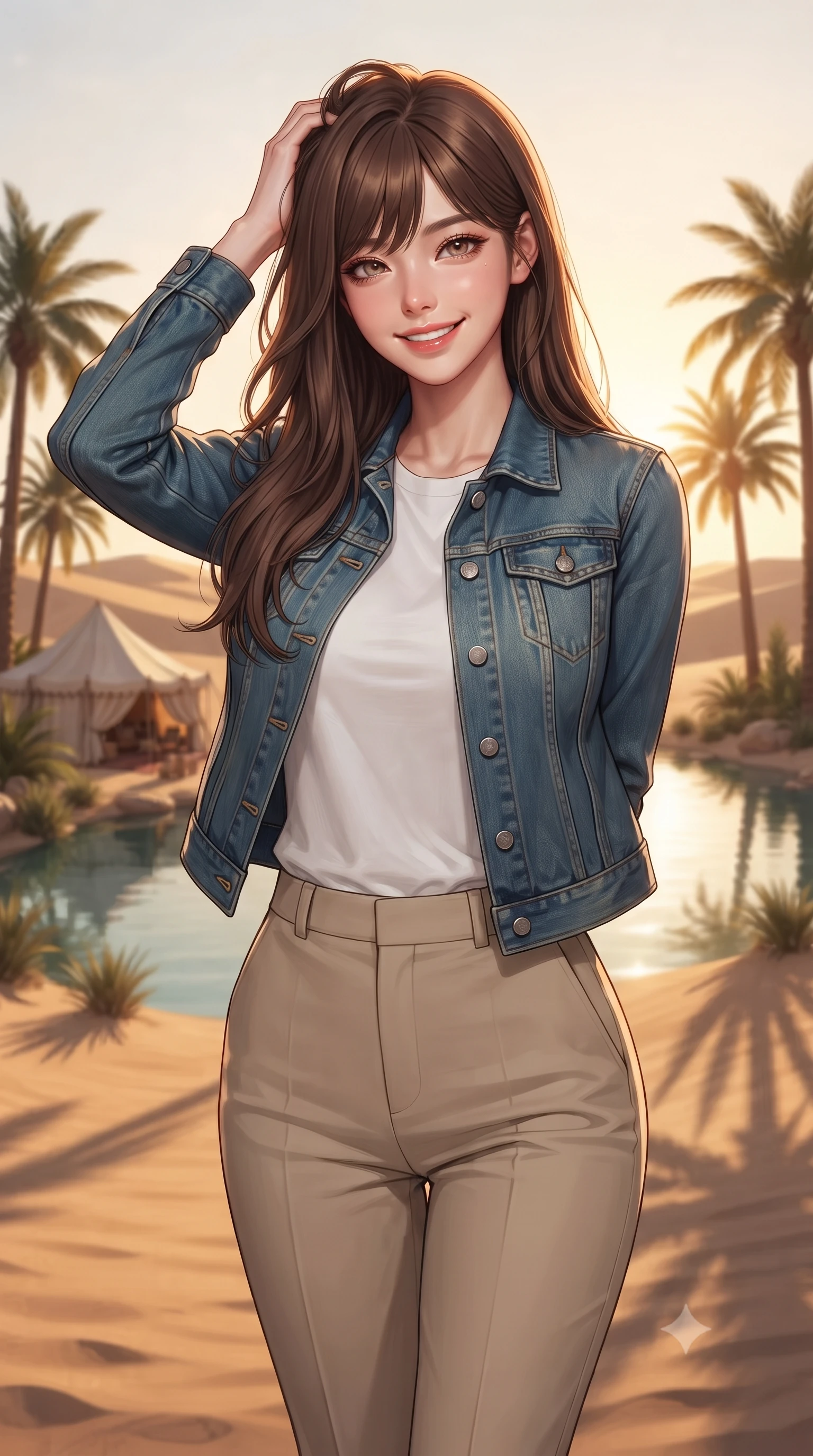 score_9, masterpiece, best quality, ultra-detailed, high-budget anime keyframe, editorial fashion photography, tasteful artistic composition, Korean woman woman. close-up cowboy shot from the waist and thighs up, the character dominates the composition, filling the frame with her large presence, background elements kept in soft focus. smiling with quiet, magnetic self-assurance directly into the camera, running a hand through her hair the background shows a soft-focus a luxury desert tent set near a quiet oasis with deep green palms and water. She has an exceptionally elegant, slender, and willowy female figure with an ultra-slim waist, a gracefully sculpted slender torso, and a refined silhouette. sharp v-shaped jawline, high-bridge nose, intricate jewel-like eyes with depth, thick eyelashes, glossy lips with a natural sheen. wearing a slim-fit clean-cut denim jacket over a white linen tee and khaki trousers. dramatic golden hour sun casting long shadows of palm trees on the sand dunes. ultra-reflective glossy finish, specular highlights, metallic sheen, high-contrast stereoscopic depth, volumetric dynamic lighting, 2k, ultra detail, master piece, 9:16 ratio
