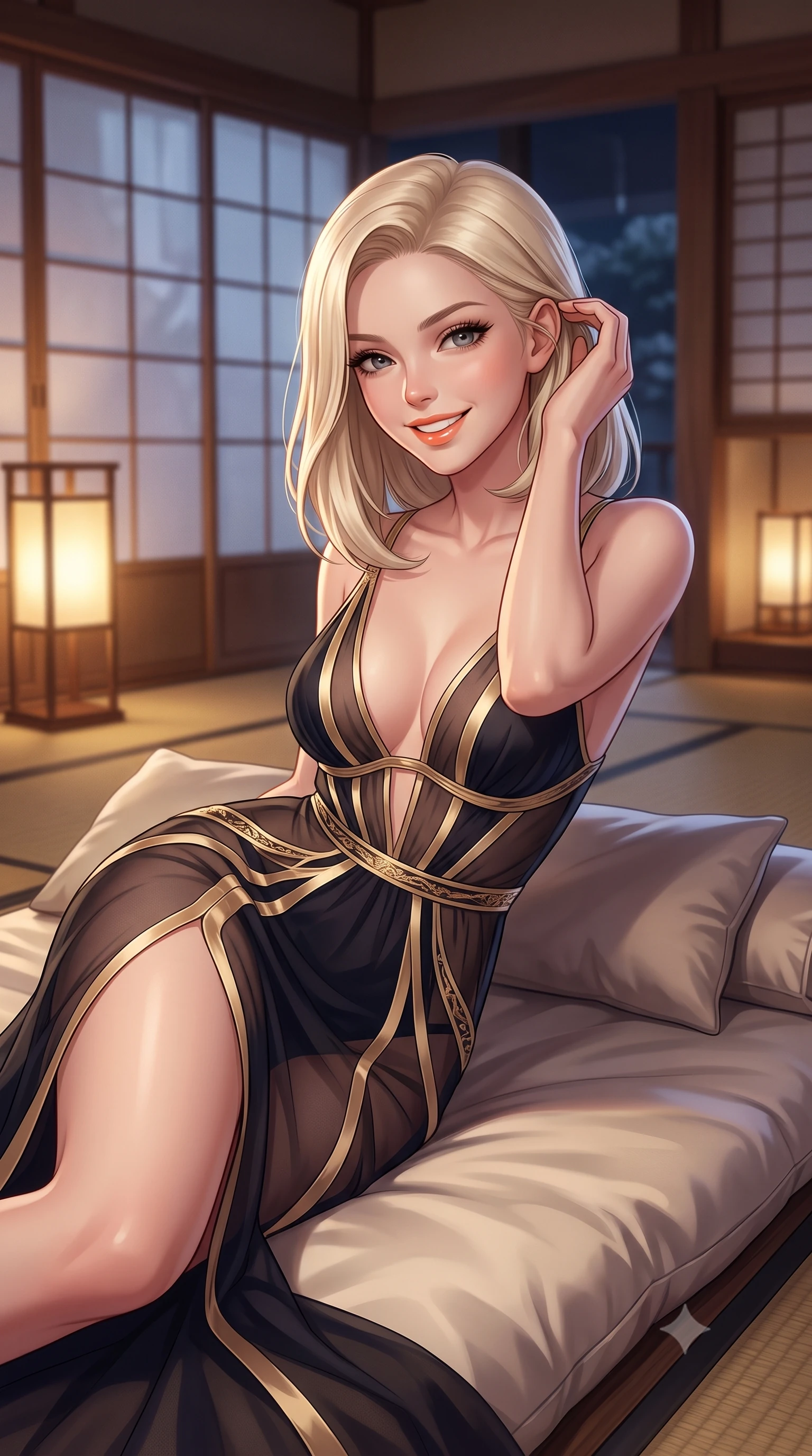 score_9, masterpiece, best quality, ultra-detailed, high-budget anime keyframe, semi-realistic 3D game render, editorial fashion photography, tasteful artistic composition, Caucasian woman. close-up cowboy shot from the waist and thighs up, the character dominates the composition, filling the frame with her large presence. gently brushing a lock of hair behind her ear while casting a playful, flirtatious side-gaze with long eyelashes while reclining sideways across the plush silk futon cushions propped on one elbow, flashing a radiant, playful smile with parted glossy lips. The background shows a soft-focus translucent washi paper shoji screens softened in Kyoto nocturnal Zen romance shallow focus. She has an exceptionally elegant, slender, and willowy female figure with an ultra-slim waist, flat toned midriff, narrow ribcage, and sculpted feminine hips creating an alluring, slim hourglass silhouette without bulk. sharp v-shaped jawline, high-bridge nose, intricate jewel-like sparkling eyes with depth, thick eyelashes, glossy parted lips with a natural peach sheen, bright cheerful beaming smile with an enchanting and coquettish sensual glint, exuding both youthful cute charm and seductive allure, flawlessly proportioned anatomical accuracy, strict slender model proportions, natural body alignment, perfectly sculpted long slender limbs, ultra-slim waistline, clean dynamic posture without body distortion. wearing a plunge-front sheer illusion tulle slip dress with liquid gold ribbon stripes hugging her curves in deep midnight obsidian black and liquid champagne gold, woven from fine semi-opaque stretch illusion mesh tracing her slender contours, complemented by strappy stiletto sandals with crystal ankle wraps accentuating her slender calves, the glove-like clinging cut tightly following the natural contour of her hips and long slender legs with youthful 8.5-heads elegance. bathed in the soft, intimate 2200K ambient illumination of traditional washi andon lamps mixed with cool silver moonlight. highly saturated vibrant anime colors, detailed shading with soft gradients, rich glossy textures, high-contrast stereoscopic depth, volumetric dynamic lighting, master piece, 9:16 ratio