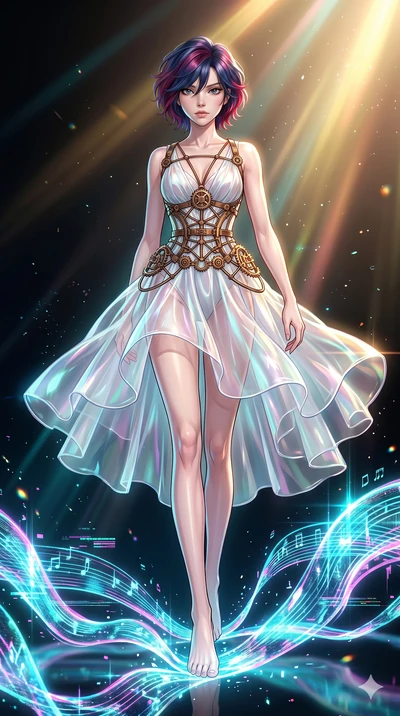 score_9, masterpiece, best quality, ultra-detailed, high-budget anime keyframe, Japanese woman. low angle full-body shot filling the entire 9:16 frame with her statuesque presence, stretching the vertical silhouette. stepping on holographic fluid rib