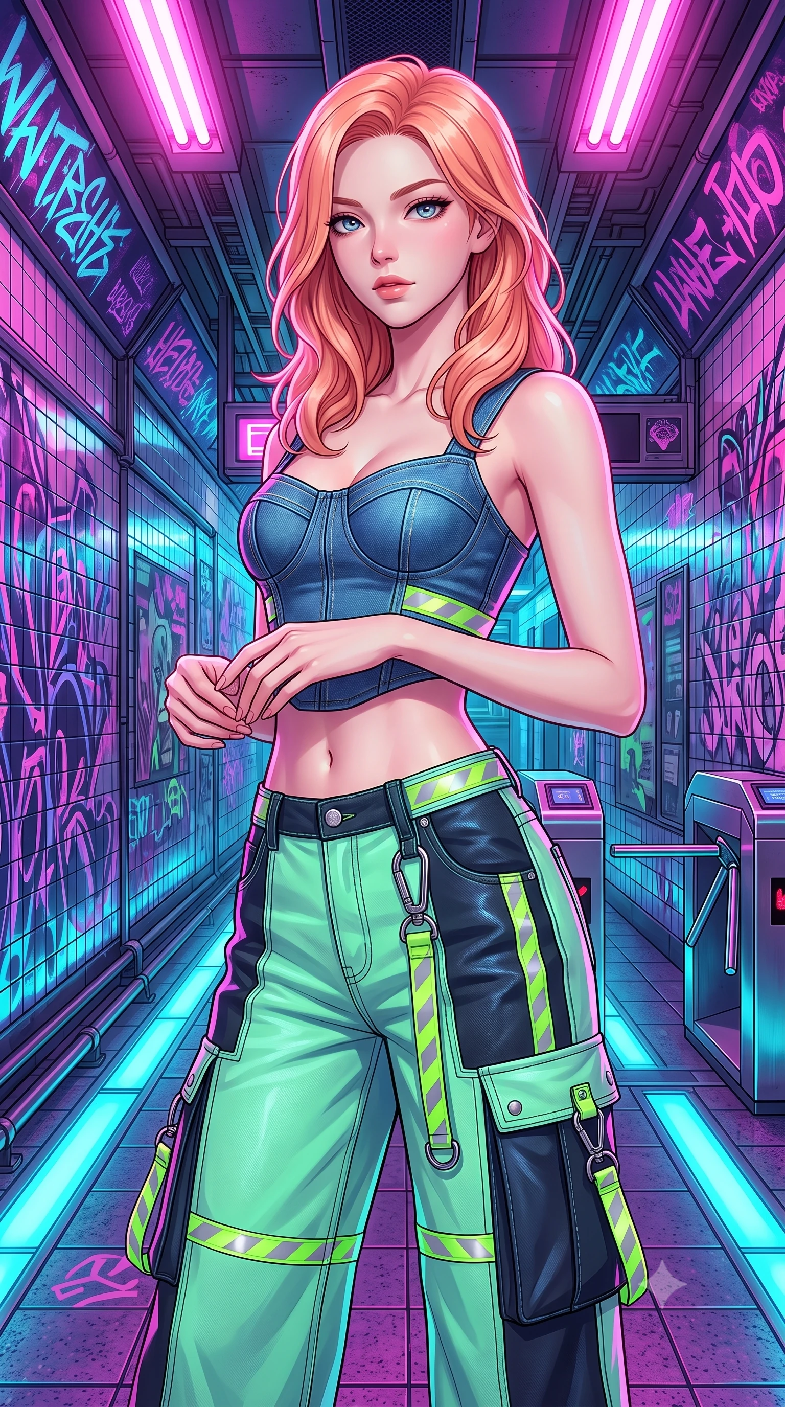 score_9, masterpiece, best quality, ultra-detailed, high-budget anime keyframe, semi-realistic 3D game render, editorial fashion photography, tasteful artistic composition, Japanese woman. close-up cowboy shot from the waist and thighs up, the character dominates the composition, filling the frame with her large presence. holding her hands loosely in front with regal, aristocratic poise, radiating an overwhelming high-society aura while posing dynamically in a futuristic subway station corridor covered in glowing ultraviolet cyber-graffiti murals. The surrounding environment is rendered in vivid detail and crisp panoramic clarity. intricate ultraviolet graffiti lettering, reflective tiled walls, and metallic turnstile textures in deep focus. She has an exceptionally elegant, slender, and willowy female figure with an ultra-slim waist, a gracefully sculpted slender torso, toned flat midriff, and a refined slim silhouette. sharp v-shaped jawline, high-bridge nose, intricate jewel-like eyes with depth, thick eyelashes, glossy lips with a natural sheen, captivating and magnetic expression, flawlessly proportioned anatomical accuracy, strict slender model proportions, natural body alignment, perfectly sculpted long slender limbs, ultra-slim waistline, clean dynamic posture without body distortion. wearing a deconstructed denim corset crop top paired with high-waisted wide-leg utility jeans in neon mint green and dark obsidian, crafted from durable coated canvas and polished metallic hardware, finished with reflective safety hazard tape details and carabiner clips, the form-contouring material adhering flawlessly to her sculpted flat midriff and slender torso, emphasizing her long leg lines and perfectly proportioned willowy build. bathed in high-contrast dual lighting of neon pink floodlights and electric cyan underlights. highly saturated vibrant anime colors, detailed shading with soft gradients, rich glossy textures, high-contrast stereoscopic depth, volumetric dynamic lighting, master piece, 9:16 ratio