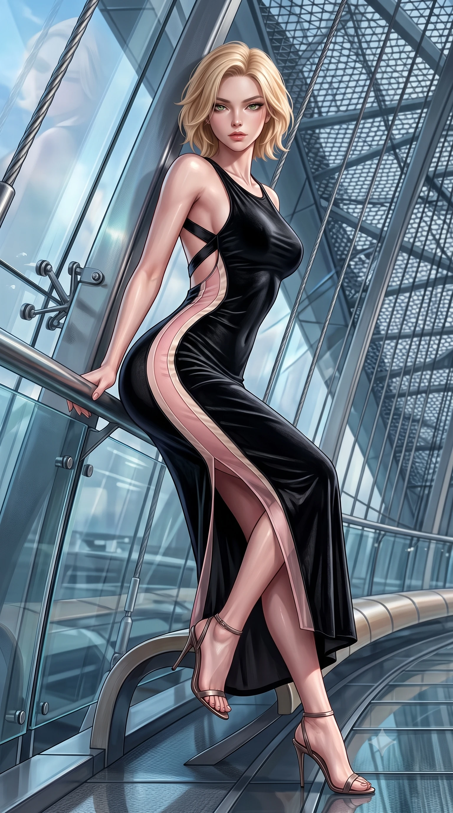 score_9, masterpiece, best quality, ultra-detailed, high-budget anime keyframe, semi-realistic 3D game render, editorial fashion photography, tasteful artistic composition, Caucasian woman. low angle full-body shot from head to toe showing her feet, filling the entire 9:16 vertical frame with her statuesque presence, stretching her vertical silhouette. leaning deep against the structural architecture with hips cocked in an unapologetically bold, seductive high-fashion stance while perching on the curved architectural skyway bench, long slender legs crossed and torso angled back to display her flat midriff and slender hourglass curves. The surrounding environment is rendered in vivid detail and crisp panoramic clarity. sharp skyway glass panel joints, stainless steel suspension cables, and futuristic architectural mesh in deep focus. She has an exceptionally tall and slender model-like 8.5-heads proportion, an ultra-slim waist, a flat toned midriff, narrow delicate ribcage, and beautifully sculpted feminine hips creating a graceful, slim hourglass silhouette without any bulky heaviness, with impossibly long slender legs. sharp v-shaped jawline, high-bridge nose, intricate jewel-like eyes with depth, thick eyelashes, glossy parted lips with a natural sheen, intensely captivating and seductive bedroom-eyes expression, flawlessly proportioned anatomical accuracy, strict slender model proportions, natural body alignment, perfectly sculpted long slender limbs, ultra-slim waistline, clean dynamic posture without body distortion. wearing a second-skin black silk jersey maxi dress with asymmetrical sheer mesh side panels tracing the full curve of her hip in sakura blossom pink and warm ivory, crafted from heavyweight crushed silk velvet with liquid vintage luster, finished with criss-cross back satin straps highlighting her graceful shoulder blades, the glove-like aerodynamic silhouette tightly following the natural contour of her hips and long slender legs with statuesque 8.5-heads elegance. illuminated by wet specular glass bounce lights sculpting her toned waistline, slender spine, and feminine hips. highly saturated vibrant anime colors, detailed shading with soft gradients, rich glossy textures, high-contrast stereoscopic depth, volumetric dynamic lighting, master piece, 9:16 ratio