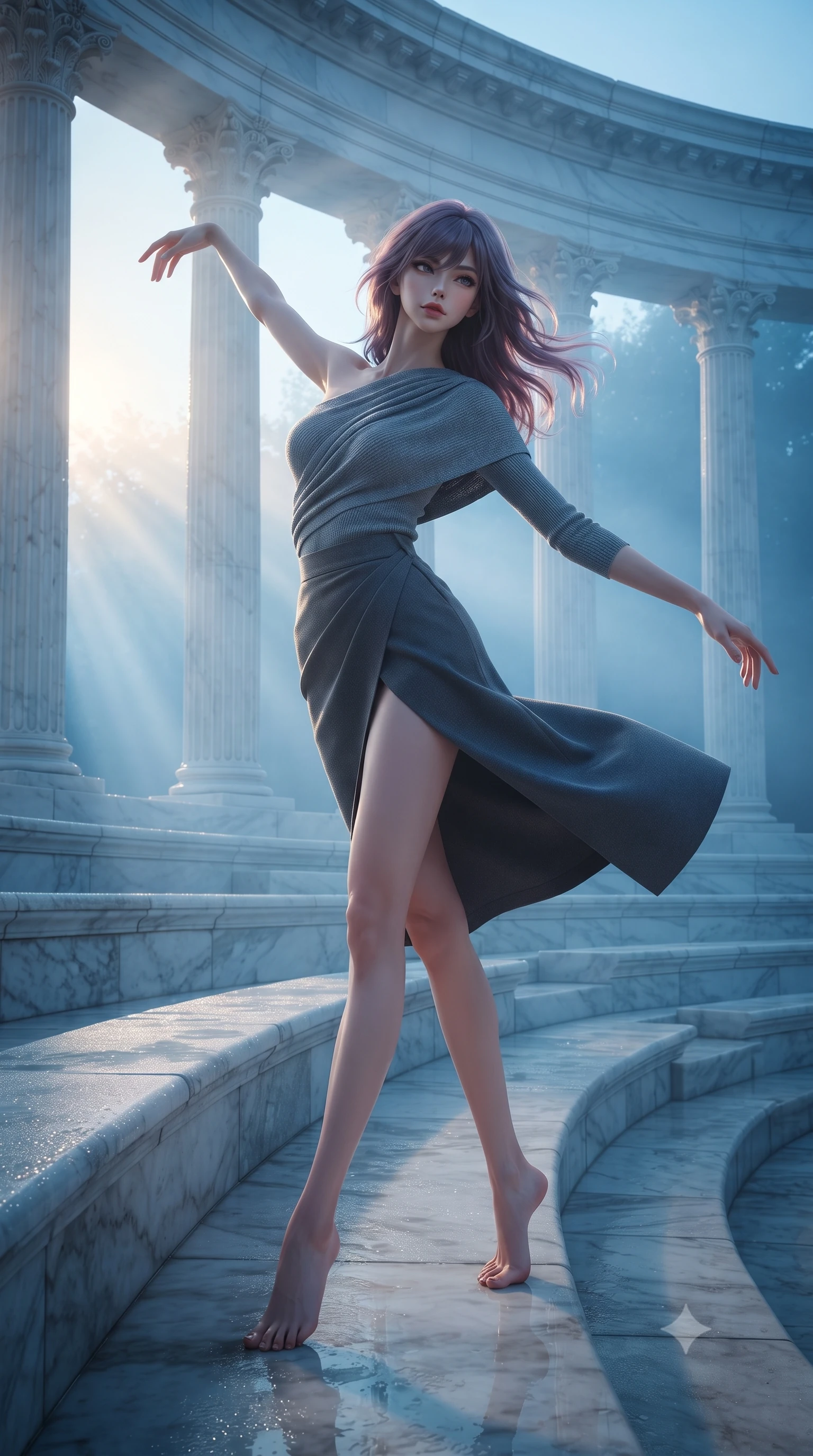 score_9, masterpiece, best quality, ultra-detailed, high-budget anime keyframe, editorial fashion photography, tasteful artistic composition, Japanese woman. low angle full-body shot from head to toe showing her feet, filling the entire 9:16 vertical frame with her statuesque presence, stretching her vertical silhouette. twirling with balletic elegance inside an ancient white marble amphitheater at the first golden light of dawn with morning mist swirling between fluted Corinthian columns and dew glistening on every carved stone surface. She has a statuesque 8.5-heads proportion, an exceptionally tall, slender and willowy model-like build with impossibly long legs and a highly sculpted ultra-slim waist. sharp v-shaped jawline, high-bridge nose, intricate jewel-like eyes with depth, thick eyelashes, glossy lips with a natural sheen. wearing an asymmetric draped knit top in slate grey, paired with a matching high-waisted charcoal wrap skirt wrapping her hips. soft warm golden dawn light streaming horizontally through the columns with cool blue morning mist creating ethereal god-ray shafts through the haze. 2k, ultra detail, master piece, 9:16 ratio