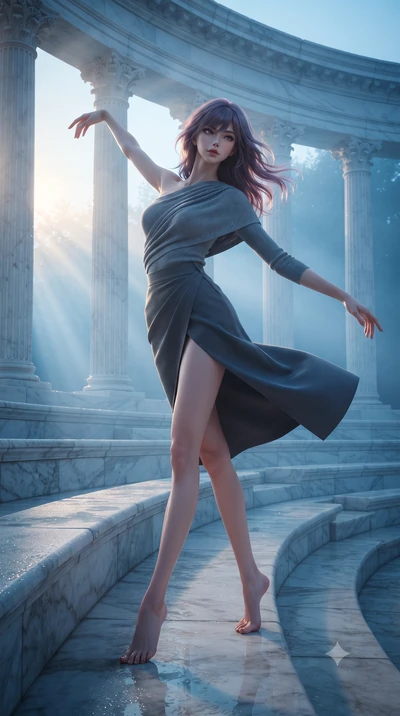 score_9, masterpiece, best quality, ultra-detailed, high-budget anime keyframe, editorial fashion photography, tasteful artistic composition, Japanese woman. low angle full-body shot from head to toe showing her feet, filling the entire 9:16 vertical