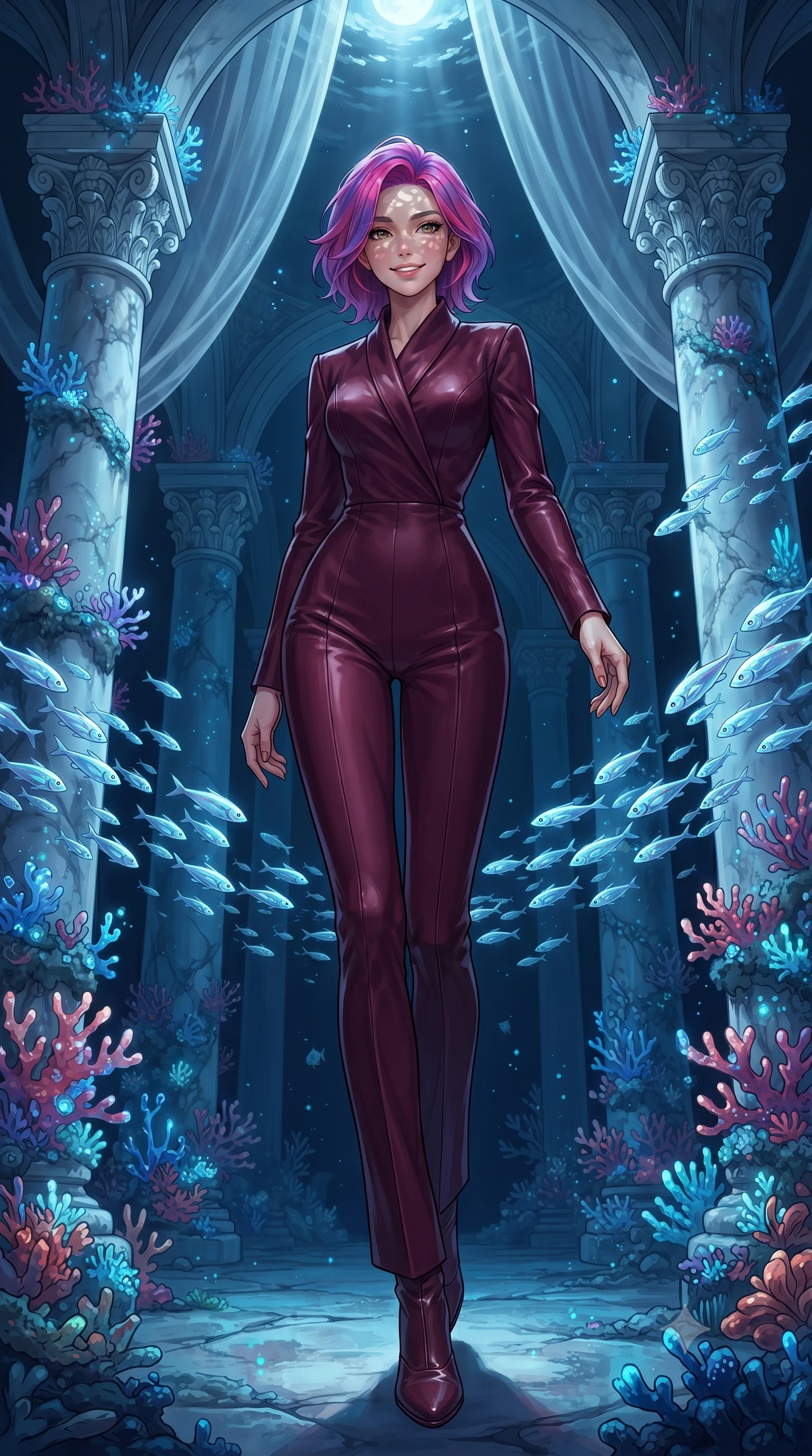 score_9, masterpiece, best quality, ultra-detailed, high-budget anime keyframe, editorial fashion photography, tasteful artistic composition, gorgeous anime illustration, with clean line-art, distinct ink outlines, and high-contrast stereoscopic depth, Caucasian woman, strictly human ears. low angle full-body shot from head to toe showing her feet, filling the entire 9:16 vertical frame with her statuesque presence, stretching her vertical silhouette. stepping elegantly with a warm, welcoming smile through inside an ancient white marble cathedral submerged in the deep ocean, with schools of glowing silver fish swimming between grand marble pillars covered in glowing blue coral. She has a statuesque 8.5-heads proportion, an exceptionally tall, slender and willowy model-like build with impossibly long legs and a highly sculpted ultra-slim waist. sharp v-shaped jawline, high-bridge nose, intricate jewel-like eyes with depth, thick eyelashes, glossy lips with a natural sheen. wearing a precision-tailored jumpsuit in deep burgundy with a high wrap-front neck, highlighting her slim waist and long legs. cold silver moonlight filtered through translucent gossamer curtains casting delicate shadows. 2k, ultra detail, master piece, 9:16 ratio, highly saturated vibrant anime colors, detailed cel-shading with soft gradients, rich glossy textures, deep contrast, volumetric dynamic lighting, 2d animation style