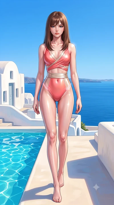 score_9, masterpiece, best quality, ultra-detailed, high-budget anime keyframe, semi-realistic 3D game render, editorial fashion photography, tasteful artistic composition, Korean woman. low angle full-body shot from head to toe showing her feet, fil