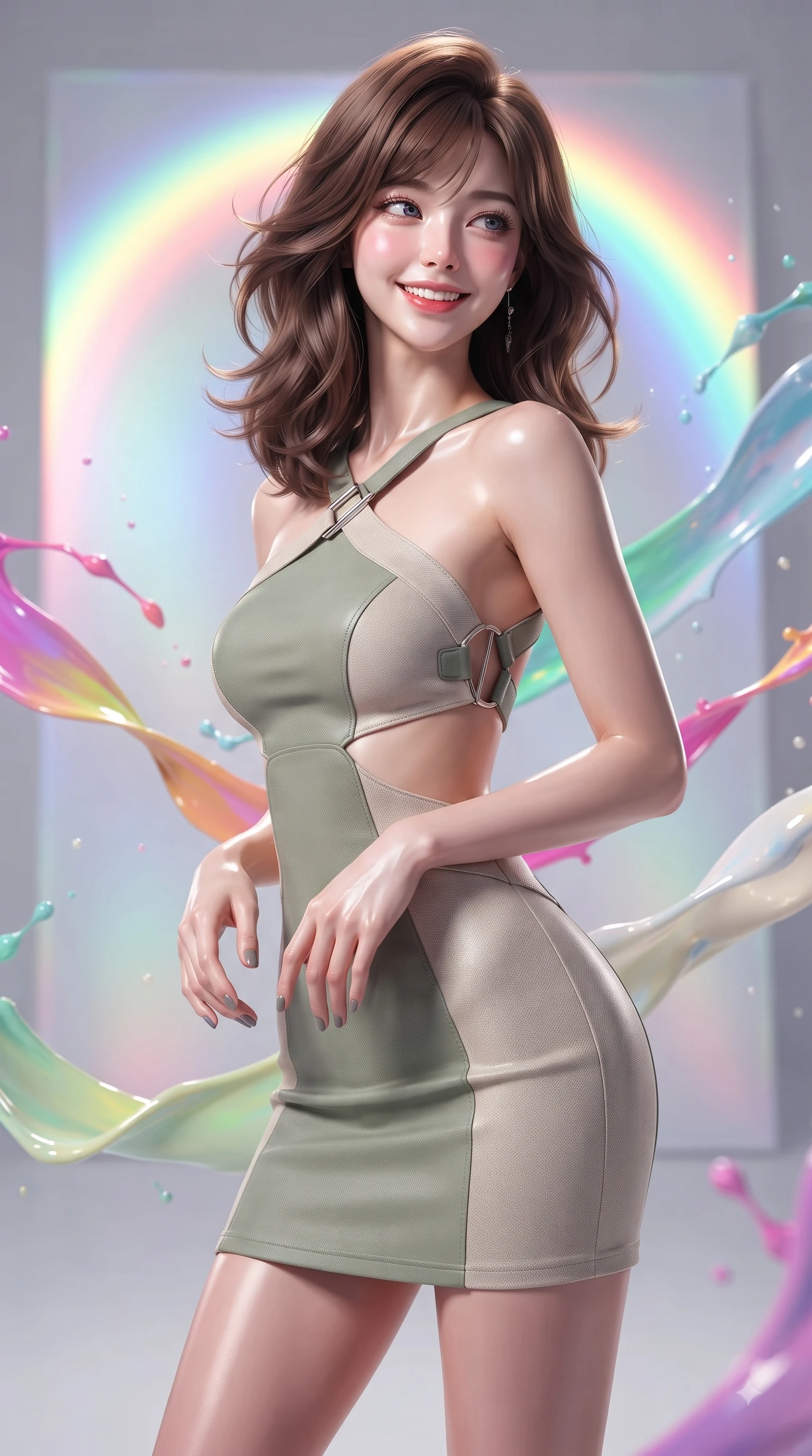 score_9, masterpiece, best quality, ultra-detailed, high-budget anime keyframe, editorial fashion photography, tasteful artistic composition, Korean woman. close-up cowboy shot from the waist and thighs up, the character dominates the composition, filling the frame with her large presence, background elements kept in soft focus. Warm delightful smile while casting a playful, joyful side-gaze with heavy lashes and a glowing expression while poised in a playful stance before a giant holographic canvas emitting luminous color arcs, vibrant ribbons of opal paint and color splashes frozen in mid-air around her figure. She has an exceptionally elegant, slender, and willowy female figure with an ultra-slim waist, a gracefully sculpted slender torso, and a refined silhouette. sharp v-shaped jawline, high-bridge nose, intricate jewel-like eyes with depth, thick eyelashes, glossy lips with a natural sheen, flawlessly proportioned anatomical accuracy, natural body alignment, perfectly sculpted elegant limbs, clean dynamic posture without body distortion. wearing a dramatic open-waist cutout mini dress framed by sculptural hardware in sage green and oatmeal, made of fine carbon-fiber weave and soft matte leather, complemented by criss-cross back straps highlighting her bare shoulders, the form-contouring material highlighting her ultra-slim waist and long lines. bathed in high-contrast vibrant studio lighting with sharp cheerful specular highlights. ultra-reflective glossy finish, specular highlights, metallic sheen, high-contrast stereoscopic depth, volumetric dynamic lighting, 2k, ultra detail, master piece, 9:16 ratio