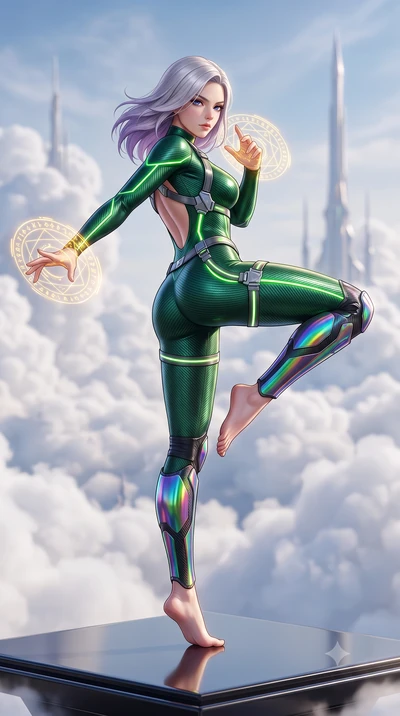 score_9, masterpiece, best quality, ultra-detailed, high-budget anime keyframe, semi-realistic 3D game render, editorial fashion photography, tasteful artistic composition, Caucasian woman. low angle full-body shot from head to toe showing her feet, 