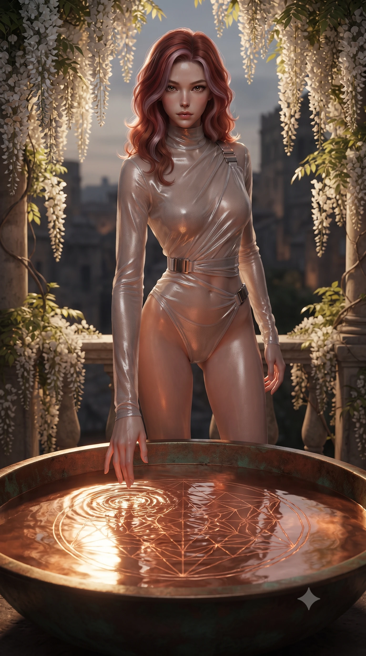 score_9, masterpiece, best quality, ultra-detailed, High-budget Anime Keyframe, editorial fashion photography, tasteful artistic composition, realistic cosplay photography, Caucasian woman, strictly human ears. Low angle cowboy shot filling the entire 9:16 frame with her statuesque presence. Scenario 375: tracing geometric patterns in a pool of warm liquid copper inside a quiet balcony surrounded by trailing white wisteria flowers. Her presence is magnetic and overpowering in this high-budget cinematic scene. Outfit 375: a tailored shimmering chiffon sheer with a high-cut leg line and metallic buckles. The clothing is designed to emphasize her exceptionally tall and slender 8-heads proportion. 8-heads proportion, towering silhouette, ultra-slim waist. sharp v-shaped jawline, intricate jewel-like eyes with depth, thick eyelashes, glossy lips. ultra-reflective glossy finish, specular highlights, metallic sheen, high-contrast stereoscopic depth, volumetric dynamic lighting, 2k, ultra detail, master piece, 9:16 ratio