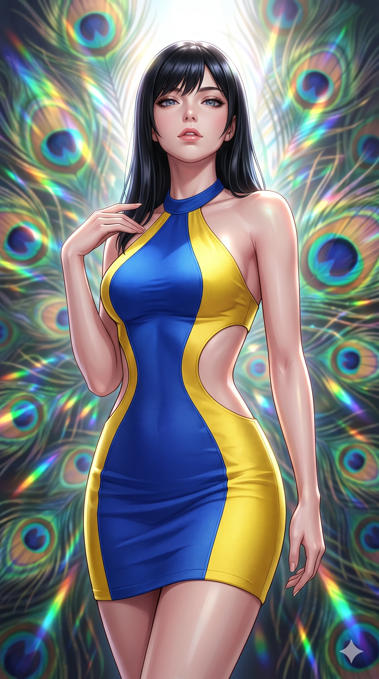 score_9, masterpiece, best quality, ultra-detailed, high-budget anime keyframe, editorial fashion photography, tasteful artistic composition, Caucasian woman, strictly human ears. close-up cowboy shot from the waist and thighs up, the character dominates the composition, filling the frame with her large presence, background elements kept in soft focus. Tilting her chin up slightly with lips parted in a composed expression. set against a soft-focus background of caught in a magnificent storm of thousands of iridescent peacock feathers that catch and scatter light into rainbow fractals as they swirl in complex spiraling patterns through the air. She has an exceptionally elegant and slender, willowy female figure with an ultra-slim waist, a gracefully sculpted slender torso, and a refined slim physique. sharp v-shaped jawline, high-bridge nose, intricate jewel-like eyes with depth, thick eyelashes, glossy lips with a natural sheen. wearing a structured halter-neck bodycon dress in two-tone cobalt blue and canary yellow, with dramatic curved cutouts at the sides of the torso. brilliant white key light from above refracting through the iridescent feather barbs into a dazzling display of emerald blue gold and violet scattered light. 2k, ultra detail, master piece, 9:16 ratio