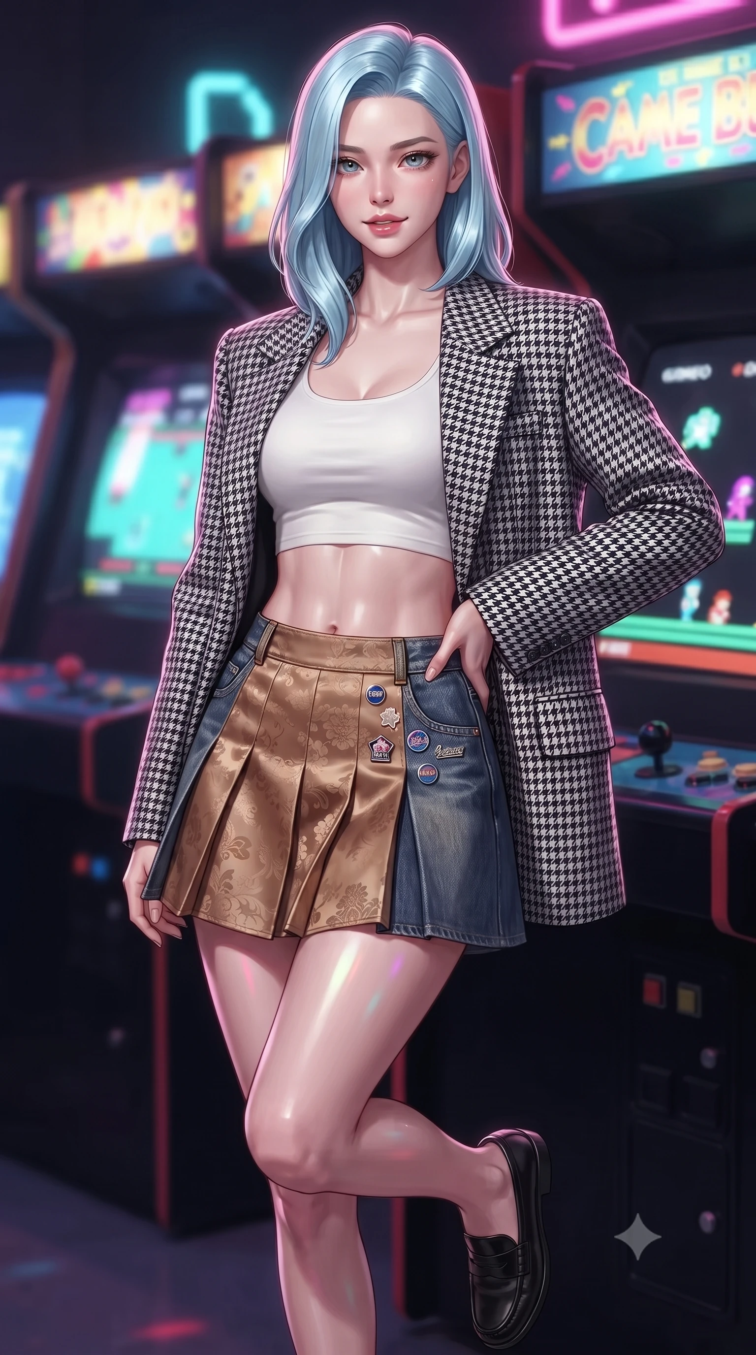 score_9, masterpiece, best quality, ultra-detailed, high-budget anime keyframe, editorial fashion photography, tasteful artistic composition, Korean woman. close-up cowboy shot from the waist and thighs up, the character dominates the composition, filling the frame with her large presence. smiling with subtle, enchanting allure and glossy parted lips, one hand resting on her waist with effortless supermodel poise while pivoting dynamically between colorful arcade cabinets as 8-bit CRT screens flash vibrant pixel art across her stylish outfit. The composition keeps background elements in soft focus with creamy bokeh. flashing CRT arcade screens and glowing marquee game titles blurred into radiant rainbow, electric pink, and cyan bokeh. She has an exceptionally elegant, slender, and willowy female figure with an ultra-slim waist, a gracefully sculpted slender torso, toned flat midriff, and a refined slim silhouette. sharp v-shaped jawline, high-bridge nose, intricate jewel-like eyes with depth, thick eyelashes, glossy lips with a natural sheen, captivating and magnetic expression, flawlessly proportioned anatomical accuracy, strict slender model proportions, natural body alignment, perfectly sculpted long slender limbs, ultra-slim waistline, clean dynamic posture without body distortion. wearing a tailored 90s houndstooth oversized blazer over a simple scoop-neck top and a high-waisted pleated wool mini-skirt in vintage camel brown and washed indigo denim, crafted from liquid-smooth silk satin with subtle floral jacquard, finished with retro enamel varsity pins and classic leather loafers, the precision-cut daring openings accentuating her delicate midriff, graceful bare collarbones, and ultra-slim feminine waistline. illuminated by crisp directional highlights defining her toned midriff, slender waist, and long legs. ultra-reflective glossy finish, specular highlights, rich textural contrasts, high-contrast stereoscopic depth, volumetric dynamic lighting, 2k, ultra detail, master piece, 9:16 ratio