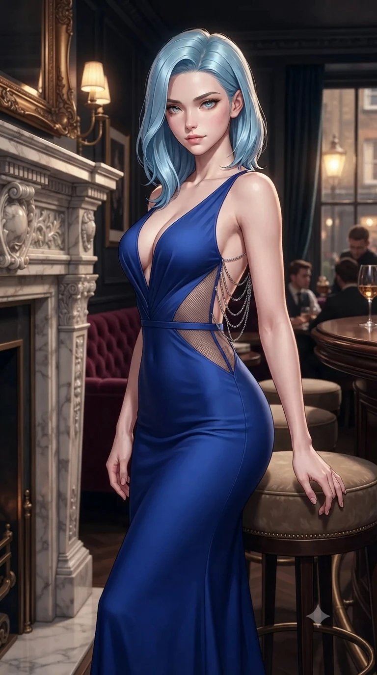 score_9, masterpiece, best quality, ultra-detailed, high-budget anime keyframe, editorial fashion photography, tasteful artistic composition, Korean woman. close-up cowboy shot from the waist and thighs up, the character dominates the composition, filling the frame with her large presence. standing poised beside a towering marble fireplace with hips cocked back, casting an alluring, sovereign gaze toward the viewer while sliding gracefully off the barstool, hips swaying in an alluring sensual rhythm that accentuates her curvy hourglass silhouette. The background shows a soft-focus exclusive London speakeasy atmosphere softened in intimate barroom shallow focus. She has an exceptionally elegant, slender, and willowy female figure with an ultra-slim waist, flat toned midriff, narrow ribcage, and sculpted feminine hips creating an alluring, slim hourglass silhouette without bulk. sharp v-shaped jawline, high-bridge nose, intricate jewel-like dark sparkling eyes with dangerous depth, thick curled eyelashes, glossy parted lips with a rich wine sheen, smoldering seductive half-smile with bedroom-eyes, exuding effortless superiority and intoxicating dark allure, flawlessly proportioned anatomical accuracy, strict slender model proportions, natural body alignment, perfectly sculpted long slender limbs, ultra-slim waistline, clean dynamic posture without body distortion. wearing an alluring plunging sweetheart bodice dress with sheer mesh side-waist cutouts contouring her ribs in cobalt blue floodlights and warm golden promenade streetlights, tailored from heavy double-faced silk georgette with an exceptionally fluid drape, accented with an open-back drape framed by falling strands of delicate chrome chains, the liquid-tight tailored fabric clinging flawlessly to her narrow waist and rounded feminine hips, emphasizing every millimeter of her sculpted slim hourglass curves without any bulky heaviness. illuminated by mirror reflection bounce and sharp bronze-champagne rim lights sculpting her razor-sharp jawline, narrow waist, and curvy hips. ultra-reflective glossy finish, specular highlights, rich textural contrasts, high-contrast stereoscopic depth, volumetric dynamic lighting, 2k, ultra detail, master piece, 9:16 ratio
