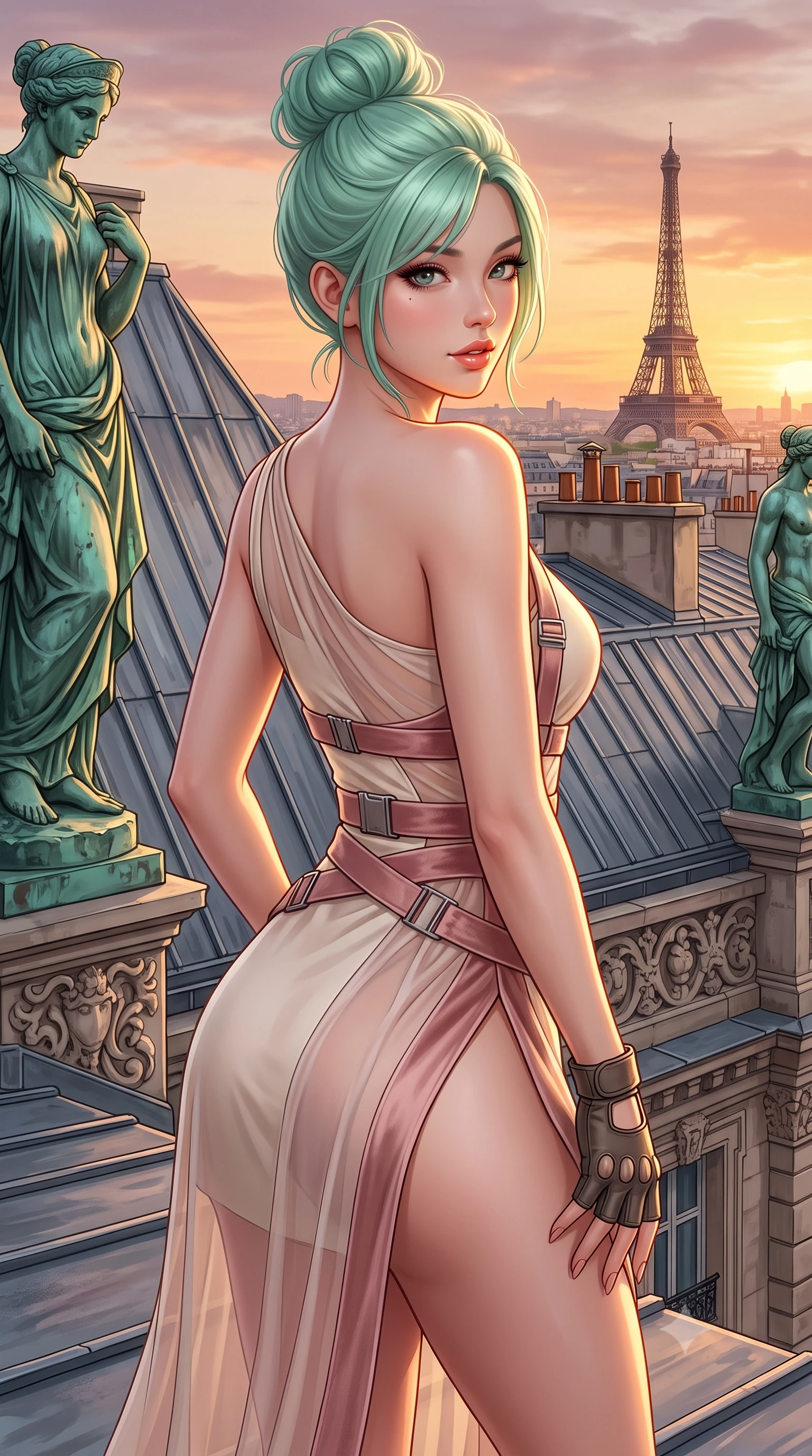 score_9, masterpiece, best quality, ultra-detailed, high-budget anime keyframe, semi-realistic 3D game render, editorial fashion photography, tasteful artistic composition, Japanese woman. close-up cowboy shot from the waist and thighs up, the character dominates the composition, filling the frame with her large presence. posing in an alluring rear three-quarter angle, looking over a bare shoulder with parted glossy lips, her hips cocked back to highlight her slim hourglass curve while standing on the zinc roof terrace beside copper statues, arching her back with breathtaking freedom against the Parisian sunset. The surrounding environment is rendered in vivid detail and crisp panoramic clarity: sharp zinc roof seam textures, patinated green copper statue details, and stone parapet carvings in deep focus. She has an exceptionally elegant, slender, and willowy female figure with an ultra-slim waist, flat toned midriff, narrow ribcage, and sculpted feminine hips creating an alluring, slim hourglass silhouette without bulk. sharp v-shaped jawline, high-bridge nose, sparkling eyes with hypnotic seductive depth, thick curled eyelashes, glossy parted lips with a natural dewy peach sheen, alluring bedroom-eyes with an enchanting coquettish smile, exuding magnetic siren charisma and sophisticated glamour, flawlessly proportioned anatomical accuracy, strict slender model proportions, natural body alignment, perfectly sculpted long slender limbs, ultra-slim waistline, clean dynamic posture without body distortion. wearing an asymmetric one-shoulder tactical compression mini dress with a dramatic hip-high slit and utility harness belt in powder champagne cream and dusty rose velvet, made of sheer gossamer chiffon that drapes softly against skin with airy translucence, finished with fingerless matte leather tactical driving gloves with reinforced knuckles, the glove-like clinging cut tightly following the natural contour of her hips and long slender legs with youthful 8.5-heads elegance. illuminated by zinc roof specular bounce and sharp warm-gold rim lights defining her razor-sharp jawline, flat midriff, and curvy hips. highly saturated vibrant anime colors, detailed shading with soft gradients, rich glossy textures, high-contrast stereoscopic depth, volumetric dynamic lighting, master piece, 9:16 ratio