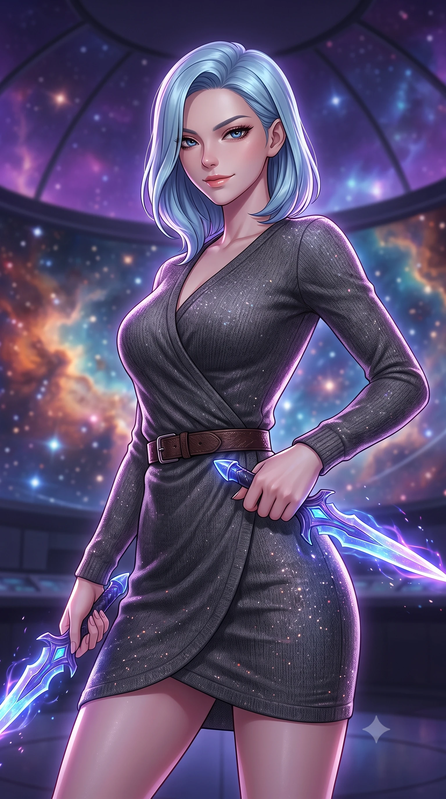 score_9, masterpiece, best quality, ultra-detailed, high-budget anime keyframe, editorial fashion photography, tasteful artistic composition, Korean woman. close-up cowboy shot from the waist and thighs up, the character dominates the composition, filling the frame with her large presence, background elements kept in soft focus. Drawing a twin set of energy daggers with a quiet, menacing smile and a sharp sidelong glare. set against a soft-focus background of inside a circular dome where the walls project a 360-degree virtual space-nebula, stars orbiting in real time. She has an exceptionally elegant and slender, willowy female figure with an ultra-slim waist, a gracefully sculpted slender torso, and a refined slim physique. sharp v-shaped jawline, high-bridge nose, intricate jewel-like eyes with depth, thick eyelashes, glossy lips with a natural sheen. wearing catching and diffusing the glowing particles, shimmering softly in response to the surrounding light, a body-hugging charcoal grey wrap-style knit dress in wool, cinched with a dark brown leather belt. highly saturated vibrant anime colors, intense vivid color palette, soft 3D volumetric shading, volumetric dynamic lighting, soft glowing ambient light with sharp side key light tracing the sleek contours of her figure. 2k, ultra detail, master piece, 9:16 ratio