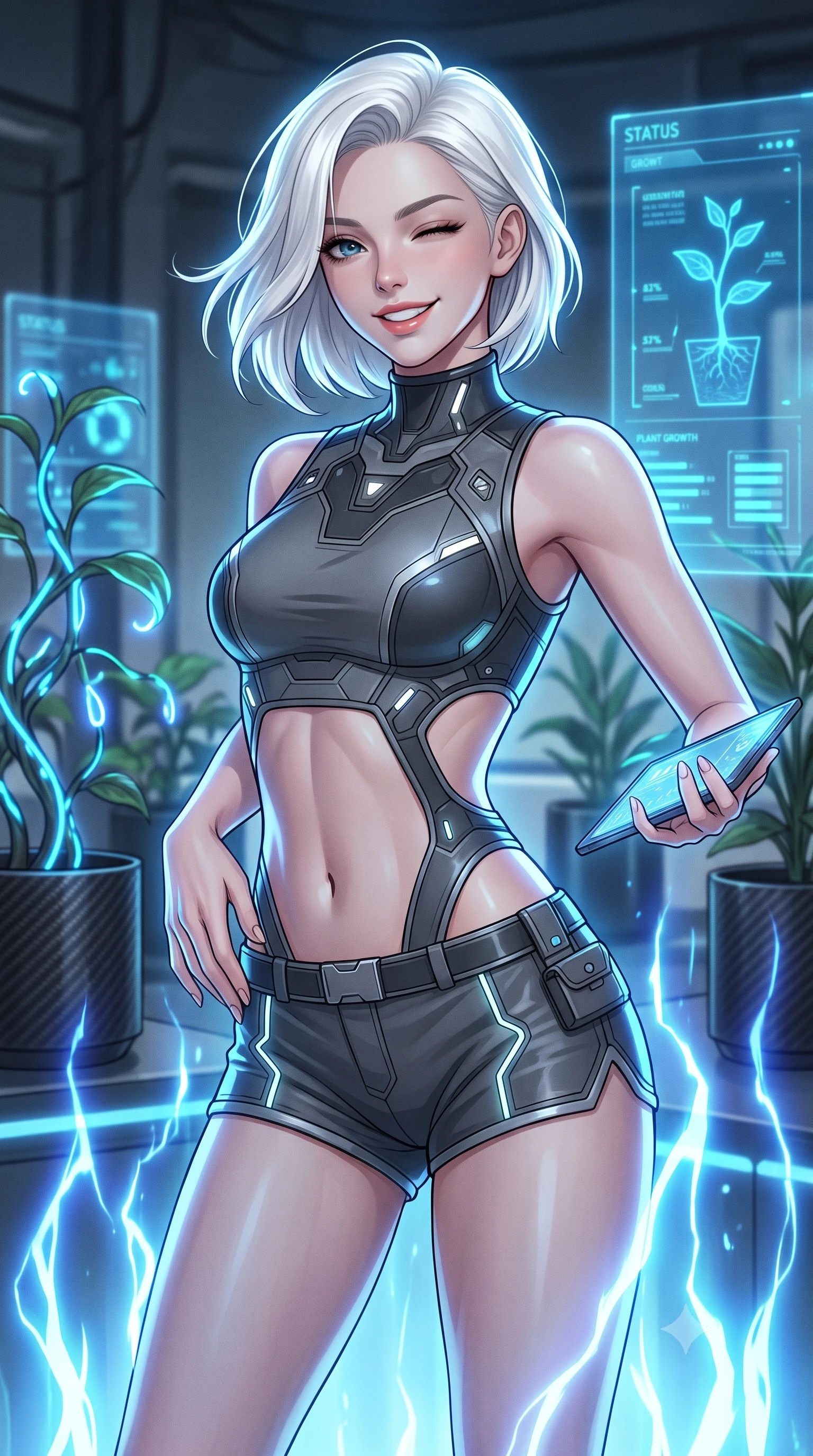 score_9, masterpiece, best quality, ultra-detailed, high-budget anime keyframe, editorial fashion photography, tasteful artistic composition, Caucasian woman, strictly human ears. close-up cowboy shot from the waist and thighs up, the character dominates the composition, filling the frame with her large presence, background elements kept in soft focus. Winking playfully with a cheerful grin and a lighthearted expression. set against a soft-focus background of inside a high-tech botanical research laboratory with carbon-fiber pots, neon-vined plants, and blue status displays mapping their growth. She has an exceptionally elegant, slender, and willowy female figure with a highly-defined ultra-slim waist, a gracefully sculpted slender torso, and a refined slim-fit silhouette that contours her form. sharp v-shaped jawline, high-bridge nose, intricate jewel-like eyes with depth, thick eyelashes, glossy lips with a natural sheen. wearing a cyber-tactical crop top in dark grey with a waist cutout, paired with matching high-cut shorts. pulsing electric blue plasma arc lighting rising dramatically from below. 2k, ultra detail, master piece, 9:16 ratio