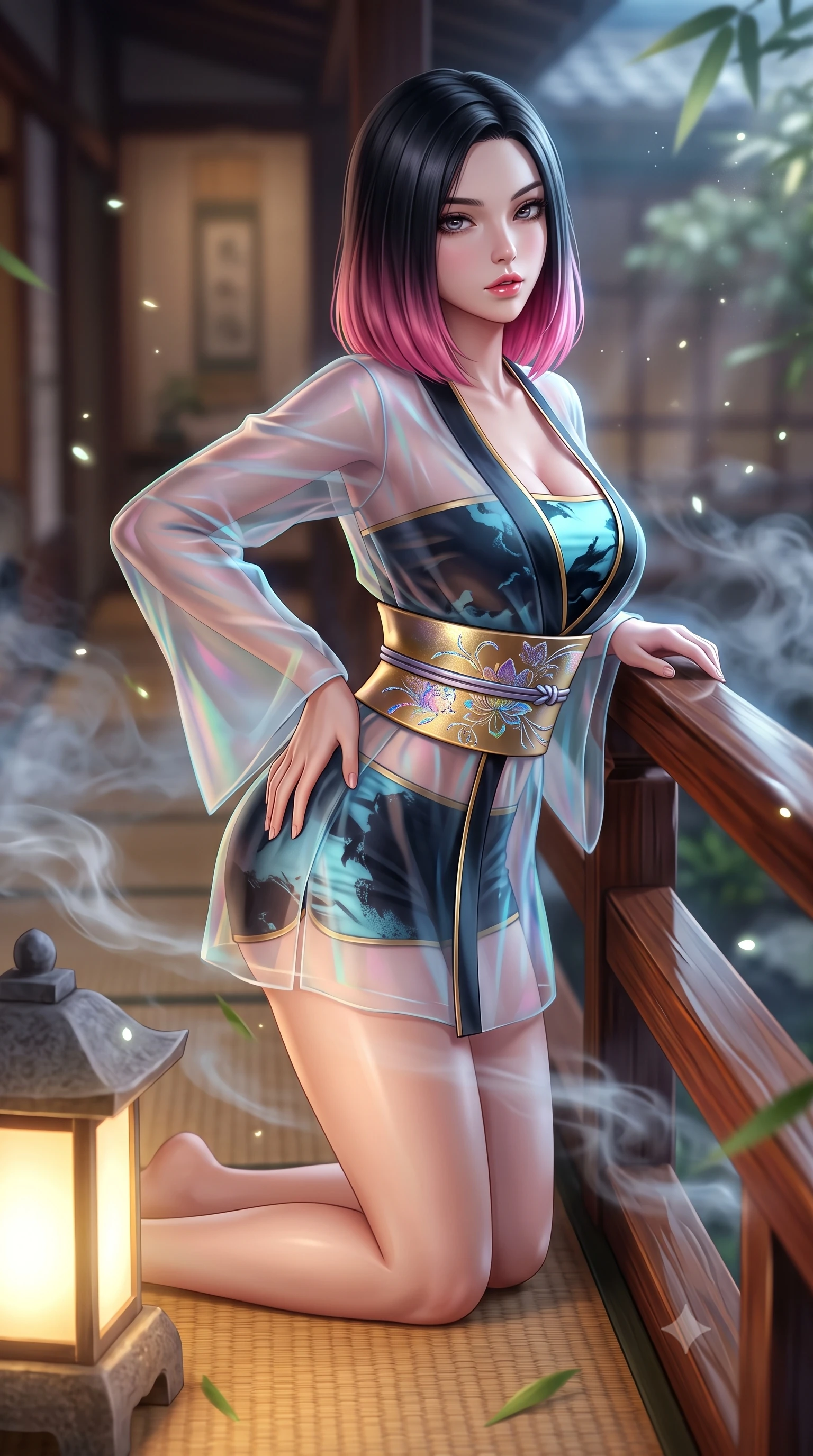 score_9, masterpiece, best quality, ultra-detailed, high-budget anime keyframe, semi-realistic 3D game render, editorial fashion photography, tasteful artistic composition, Korean woman. close-up cowboy shot from the waist and thighs up, the character dominates the composition, filling the frame with her large presence. leaning forward against the polished railing with her hips cocked back, creating an intoxicating curve from her narrow waist to sculpted hips as she gazes back into the lens while kneeling gracefully on the warm tatami deck beside a glowing stone lantern, one hand resting on her bare hip as cool river mist curls around her. The composition keeps background elements in soft focus with creamy bokeh. drifting bamboo leaves and glowing lantern light rays scattering soft luminous light motes. She has an exceptionally elegant, slender, and willowy female figure with an ultra-slim waist, a gracefully sculpted slender torso, toned flat midriff, and rounded feminine hips creating an alluring hourglass silhouette. sharp v-shaped jawline, high-bridge nose, intricate jewel-like eyes with depth, thick eyelashes, glossy parted lips with a natural sheen, intensely captivating and seductive bedroom-eyes expression, flawlessly proportioned anatomical accuracy, strict slender model proportions, natural body alignment, perfectly sculpted long slender limbs, ultra-slim waistline, clean dynamic posture without body distortion. wearing a sheer chiffon onsen coverup worn over a form-contouring gold-piped bandeau and micro-shorts in dark ink-wash black and radiant moonlight cyan, crafted from weightless prism organza that refracts light with every motion, complemented by a wide metallic gold obi sash with holographic floral embroidery, the liquid-tight tailored fabric clinging flawlessly to her narrow waist and rounded feminine hips, emphasizing every millimeter of her sculpted hourglass curves during movement. surrounded by a tranquil, poetic, and deeply sensual Japanese ryokan muse aura. highly saturated vibrant anime colors, detailed shading with soft gradients, rich glossy textures, high-contrast stereoscopic depth, volumetric dynamic lighting, master piece, 9:16 ratio