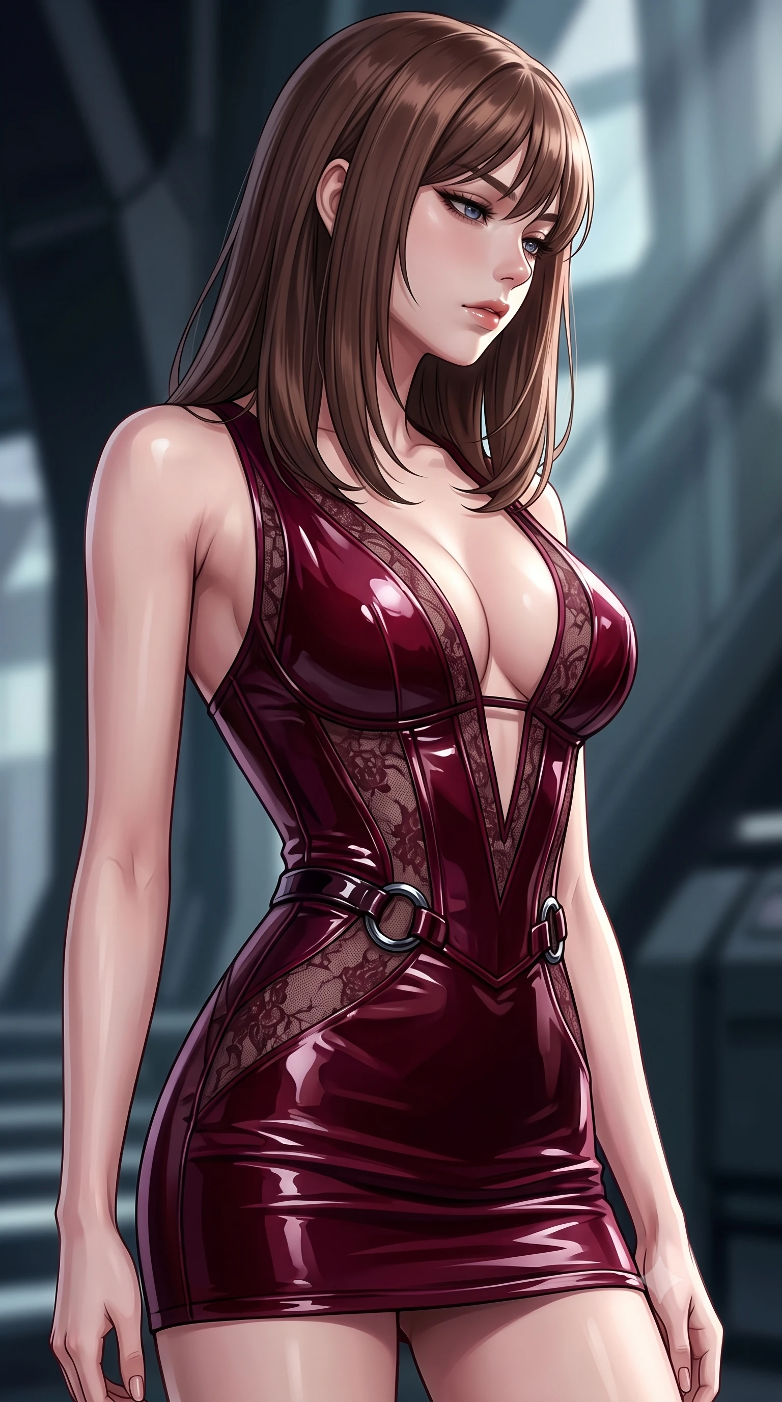 score_9, masterpiece, best quality, ultra-detailed, high-budget anime keyframe, editorial fashion photography, tasteful artistic composition, Korean woman. close-up cowboy shot from the waist and thighs up, the character dominates the composition, filling the frame with her large presence, background elements kept in soft focus. Looking down with lowered lashes and a composed, powerful dark aura, glancing sidelong over her shoulder with an enigmatic, smoldering expression, glove-like fit liquid vinyl dress highlighting her ultra-slim waist. She has an exceptionally elegant, slender, and willowy female figure with an ultra-slim waist, a gracefully sculpted slender torso, and a refined silhouette. sharp v-shaped jawline, high-bridge nose, intricate jewel-like eyes with depth, thick eyelashes, glossy lips with a natural sheen. wearing deep V-neck corset bodice mini dress with sheer dark lace panels in deep crimson burgundy, made of high-gloss liquid vinyl, accented with sculpted obsidian chrome rings at the waist, contouring every curve with an exceptionally elegant silhouette. lit by piercing key rays emerging from deep futuristic shadows. highly saturated vibrant anime colors, detailed shading with soft gradients, rich glossy textures, high-contrast stereoscopic depth, volumetric dynamic lighting, master piece, 9:16 ratio