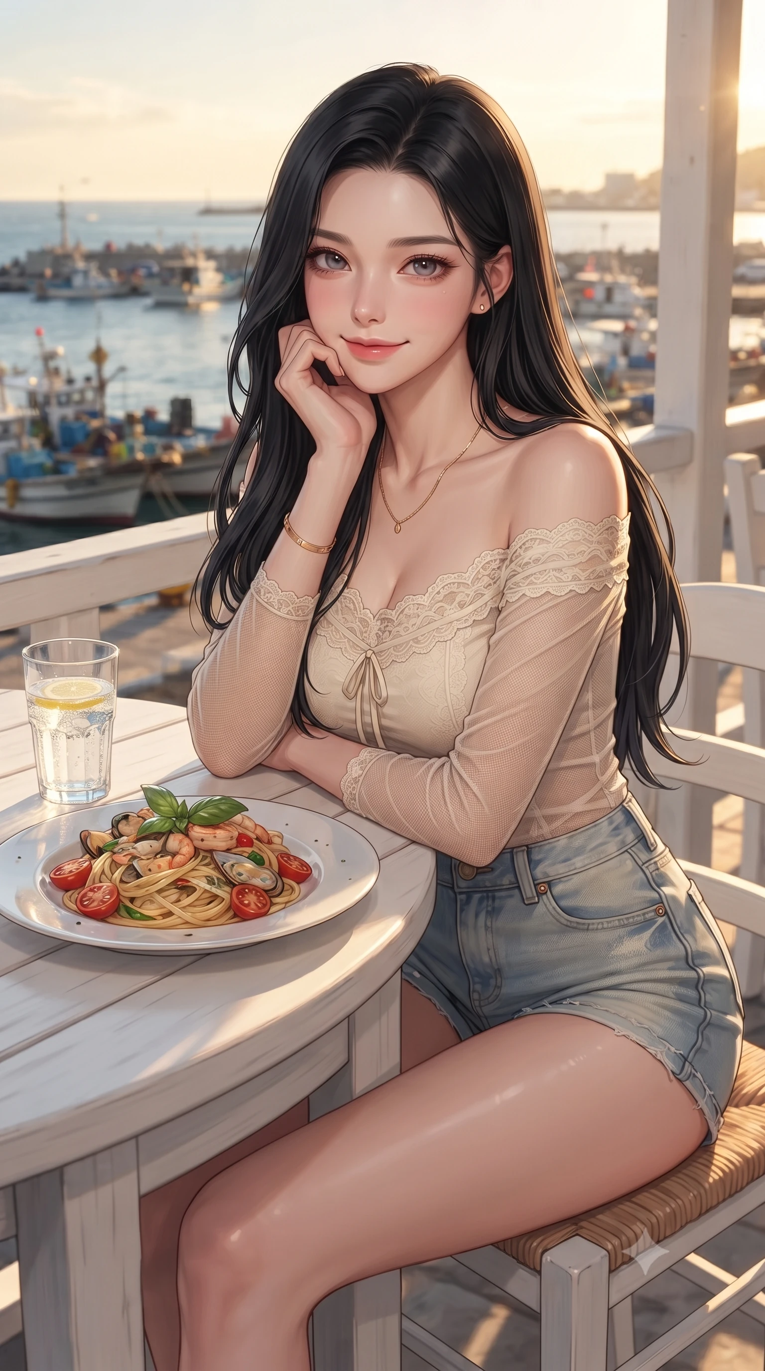 score_9, masterpiece, best quality, ultra-detailed, high-budget anime keyframe, editorial fashion photography, tasteful artistic composition, Korean woman. close-up cowboy shot from the waist and thighs up, the character dominates the composition, filling the frame with her large presence, background elements kept in soft focus. smiling cutely while resting her chin on her hand, looking directly into the lens set against a soft-focus background of at a seaside restaurant veranda with white tables and views of the harbor with a plate of delicious pasta and a glass of sparkling water on the table. She has an exceptionally elegant, slender, and willowy female figure with an ultra-slim waist, a gracefully sculpted slender torso, and a refined silhouette. sharp v-shaped jawline, high-bridge nose, intricate jewel-like eyes with depth, thick eyelashes, glossy lips with a natural sheen. wearing slim-fit delicate lace-trim off-shoulder blouse paired with a sheer mesh overlay and form-contouring mini shorts. golden hour sunset light casting long warm shadows on the restaurant table. ultra-reflective glossy finish, specular highlights, metallic sheen, high-contrast stereoscopic depth, volumetric dynamic lighting, 2k, ultra detail, master piece, 9:16 ratio