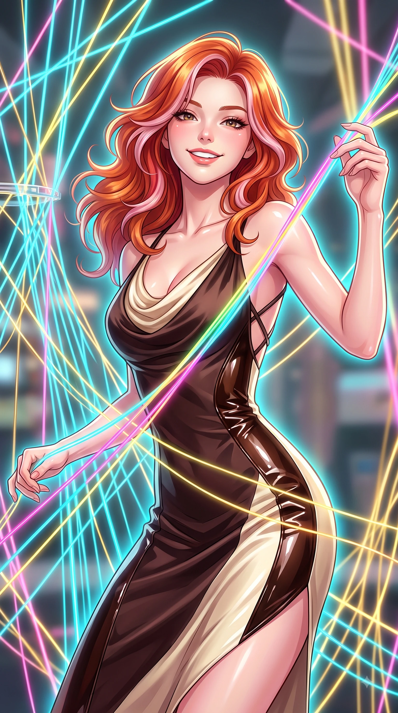 score_9, masterpiece, best quality, ultra-detailed, high-budget anime keyframe, editorial fashion photography, tasteful artistic composition, Caucasian woman. close-up cowboy shot from the waist and thighs up, the character dominates the composition, filling the frame with her large presence, background elements kept in soft focus. Tilting her chin up with a beaming smile of pure delight while balancing dynamically amidst the scene while weaving fluorescent rainbow fiber optic ribbons on a 3D light loom with a playful smile, fluorescent cyan, yellow, pink, and gold light threads crossing in 3D space. She has an exceptionally elegant, slender, and willowy female figure with an ultra-slim waist, a gracefully sculpted slender torso, and a refined silhouette. sharp v-shaped jawline, high-bridge nose, intricate jewel-like eyes with depth, thick eyelashes, glossy lips with a natural sheen, flawlessly proportioned anatomical accuracy, natural body alignment, perfectly sculpted elegant limbs, clean dynamic posture without body distortion. wearing an elegant cowl-neck satin midi dress with a graceful draped neckline in espresso brown and warm cream, tailored from high-gloss patent leather, complemented by criss-cross back straps highlighting her bare shoulders, the glove-like fit emphasizing her statuesque silhouette during motion. surrounded by a vibrant fluorescent aura with bright specular rim lights. highly saturated vibrant anime colors, detailed shading with soft gradients, rich glossy textures, high-contrast stereoscopic depth, volumetric dynamic lighting, master piece, 9:16 ratio