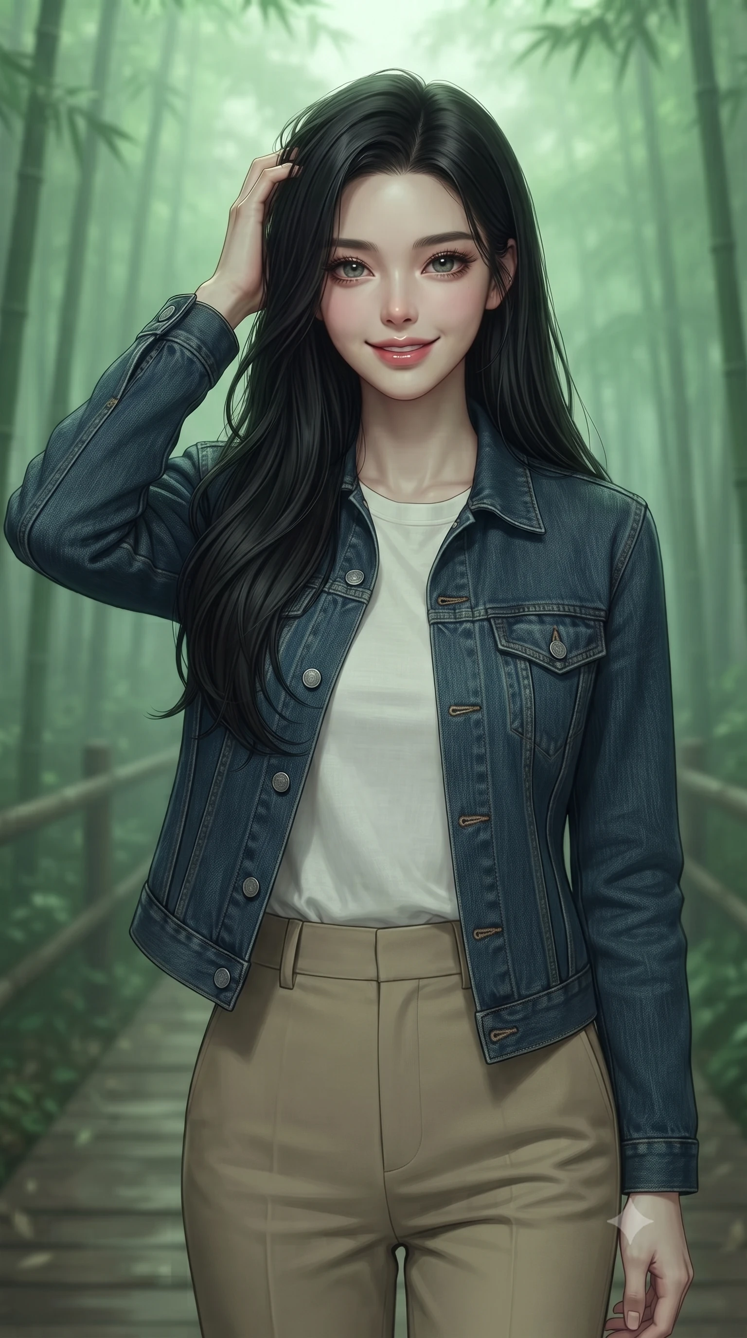 score_9, masterpiece, best quality, ultra-detailed, high-budget anime keyframe, editorial fashion photography, tasteful artistic composition, Korean woman woman. close-up cowboy shot from the waist and thighs up, the character dominates the composition, filling the frame with her large presence, background elements kept in soft focus. smiling with quiet, magnetic self-assurance directly into the camera, running a hand through her hair the background shows a soft-focus a wooden pathway cutting through a quiet, misty green bamboo forest. She has an exceptionally elegant, slender, and willowy female figure with an ultra-slim waist, a gracefully sculpted slender torso, and a refined silhouette. sharp v-shaped jawline, high-bridge nose, intricate jewel-like eyes with depth, thick eyelashes, glossy lips with a natural sheen. wearing a body-hugging clean-cut denim jacket over a white linen tee and khaki trousers. soft, diffused green-tinted light creating a calm, meditative atmosphere. ultra-reflective glossy finish, specular highlights, metallic sheen, high-contrast stereoscopic depth, volumetric dynamic lighting, 2k, ultra detail, master piece, 9:16 ratio