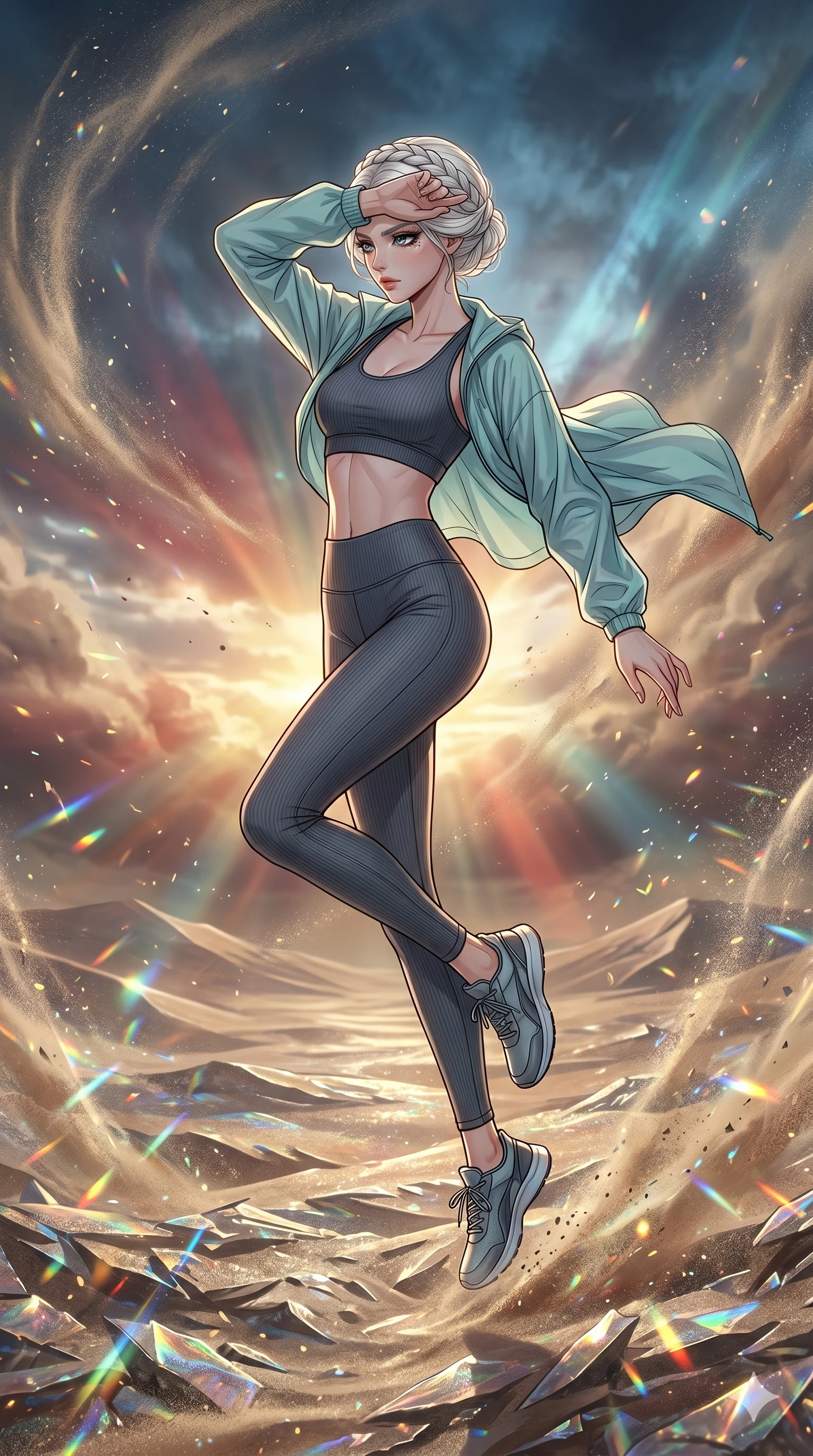 score_9, masterpiece, best quality, ultra-detailed, high-budget anime movie keyframe, cinematic anime lighting, intricate line art, Japanese woman. Mid-air action shot capturing a graceful twist and vertical silhouette. shielding her face from a sandstorm in a desert of ground glass. She has an absolutely perfect 8-heads proportion, an exceptionally tall and slender female figure with graceful and slender proportions. strictly human anatomy, two legs only, no extra limbs, clearly defined legs and arms, perfect anatomy, perfect hands and fingers. sharp v-shaped jawline, high-bridge nose, intricate jewel-like eyes, thick eyelashes, glossy lips. Wearing Premium Athleisure: Ribbed sports bra and leggings set, light windbreaker, and sleek high-performance activewear. The scene is illuminated by dramatic atmospheric lighting and vibrant color palettes. , 2k, ultra detail, master piece, 9:16 ratio