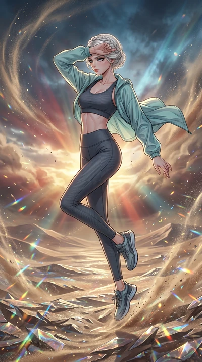 score_9, masterpiece, best quality, ultra-detailed, high-budget anime movie keyframe, cinematic anime lighting, intricate line art, Japanese woman. Mid-air action shot capturing a graceful twist and vertical silhouette. shielding her face from a sand