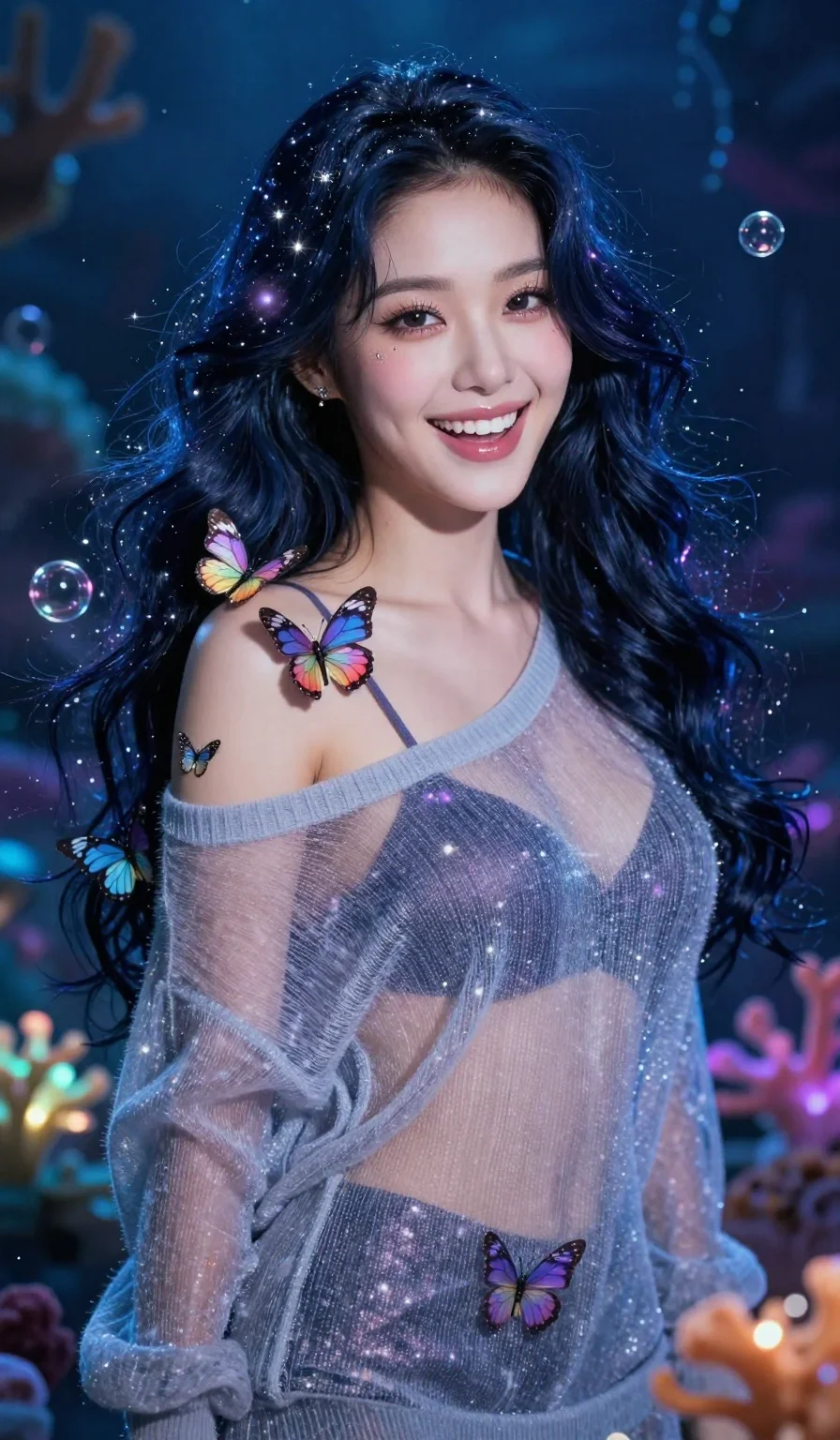 score_9, masterpiece, best quality, ultra-detailed, high-budget anime keyframe, vibrant colors and expressive line art, an incredibly beautiful Korean woman. Medium shot of upper body focusing on her alluring and cute features and her galaxy-themed hair featuring deep midnight blue with sparkling silver and purple stardust highlights, filling the vertical 9:16 frame. She is giggling while colorful digital butterflies land on her shoulders. She has a sharp v-shaped jawline, high-bridge nose, intricate jewel-like eyes, thick eyelashes, and glossy lips. She possesses an absolutely perfect 8-heads proportion and a slim-fit silhouette. She is wearing a sheer fabric oversized sweater that falls off one shoulder, revealing a slim strap, highlighting her alluring silhouette. a magical underwater kingdom with glowing corals and bubbles, dramatic rim lighting, cinematic shadows, 2k, ultra detail, master piece, 9:16 ratio