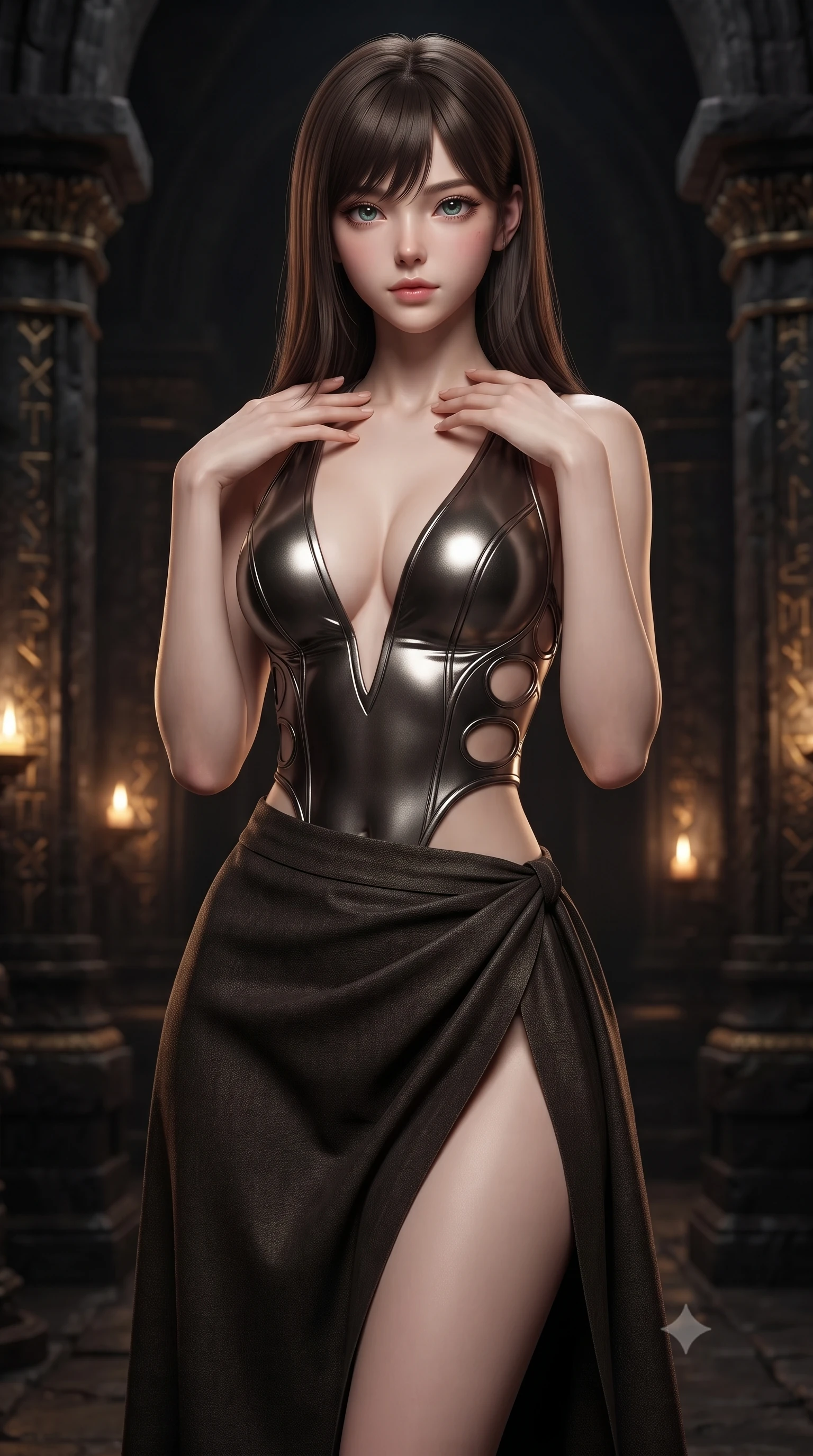 score_9, masterpiece, best quality, ultra-detailed, high-budget anime keyframe, editorial fashion photography, tasteful artistic composition, Korean woman. close-up cowboy shot from the waist and thighs up, the character dominates the composition, filling the frame with her large presence, background elements kept in soft focus. standing in a relaxed, elegant posture with both hands resting lightly on her collarbone, looking at the viewer with bedroom-eyes, the background shows a soft-focus a cathedral crypt built of black basalt stones with gold runic carvings. She has an exceptionally elegant, slender, and willowy female figure with an ultra-slim waist, a gracefully sculpted slender torso, and a refined silhouette. sharp v-shaped jawline, high-bridge nose, intricate jewel-like eyes with depth, thick eyelashes, glossy lips with a natural sheen. wearing a body-hugging deep plunging-V neck bodycon armor top, featuring keyhole cutouts along the ribs and a thigh-slit wrap skirt. low-key amber lights casting cozy, mysterious shadows on basalt pillars. ultra-reflective glossy finish, specular highlights, metallic sheen, high-contrast stereoscopic depth, volumetric dynamic lighting, 2k, ultra detail, master piece, 9:16 ratio