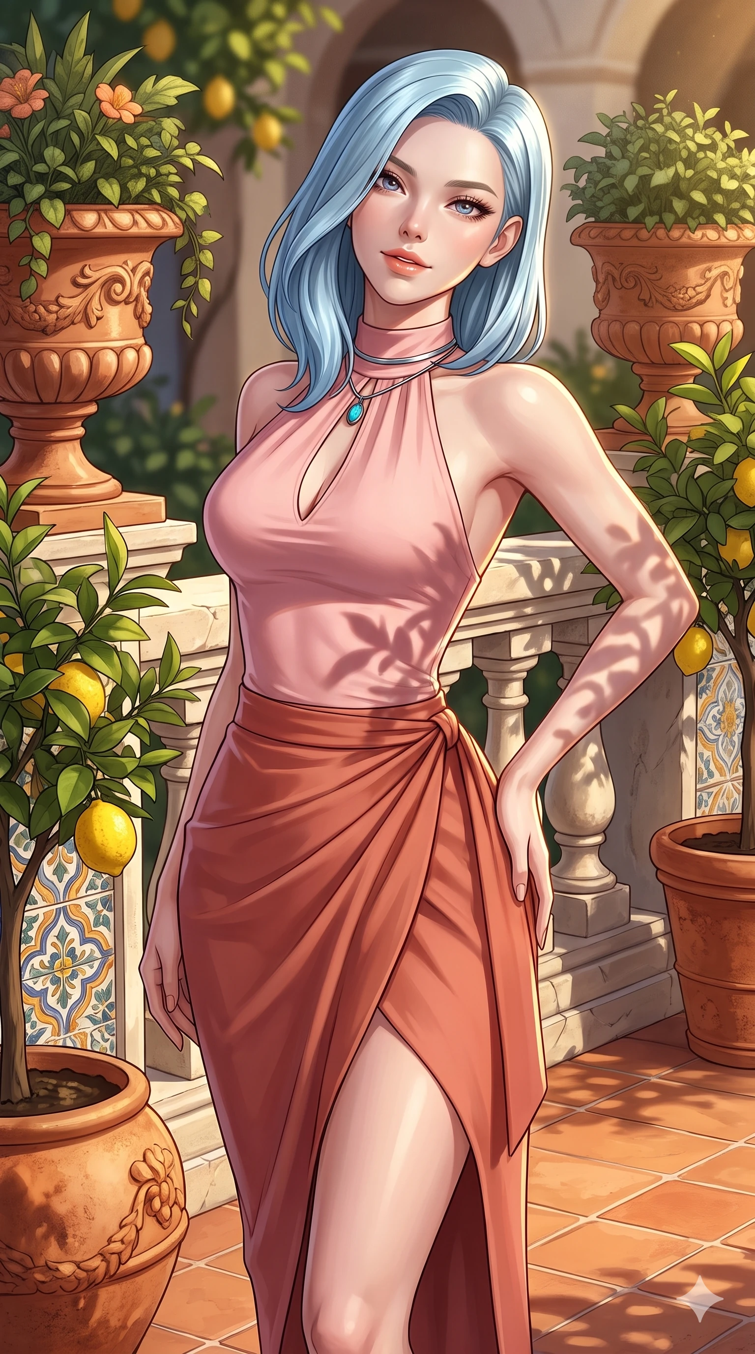 score_9, masterpiece, best quality, ultra-detailed, high-budget anime keyframe, semi-realistic 3D game render, editorial fashion photography, tasteful artistic composition, Korean woman. close-up cowboy shot from the waist and thighs up, the character dominates the composition, filling the frame with her large presence. arching her spine backward with effortless dancer poise, one hand sliding along her hip line as directional light carves specular highlights along her silhouette while twisting her slender torso in an alluring S-curve between terracotta flower urns, dappled citrus leaf shadows tracing her flat midriff and hourglass curves. The surrounding environment is rendered in vivid detail and crisp panoramic clarity: sharp rough lemon rind texture, carved limestone balustrade chisel marks, and majolica ceramic tile patterns in deep focus. She has an exceptionally elegant, slender, and willowy female figure with an ultra-slim waist, flat toned midriff, narrow ribcage, and sculpted feminine hips creating an alluring, slim hourglass silhouette without bulk. sharp v-shaped jawline, high-bridge nose, sparkling eyes with hypnotic seductive depth, thick curled eyelashes, glossy parted lips with a natural dewy peach sheen, alluring bedroom-eyes with an enchanting coquettish smile, exuding magnetic siren charisma and sophisticated glamour, flawlessly proportioned anatomical accuracy, strict slender model proportions, natural body alignment, perfectly sculpted long slender limbs, ultra-slim waistline, clean dynamic posture without body distortion. wearing a structured high-neck halterneck maillot dress with modest keyhole and tailored wrap skirt in Positano pastel rose and terracotta brick, tailored from crisp high-density nautical cotton poplin with pristine structural hold, finished with a minimalist chrome choker and a single turquoise stone pendant, the impeccably tailored cut draping gracefully along her slender figure with aristocratic resort poise. illuminated by terracotta tiled floor bounce and sharp lemon-gold rim lights defining her razor-sharp jawline, narrow waist, and curvy hips. highly saturated vibrant anime colors, detailed shading with soft gradients, rich glossy textures, high-contrast stereoscopic depth, volumetric dynamic lighting, master piece, 9:16 ratio