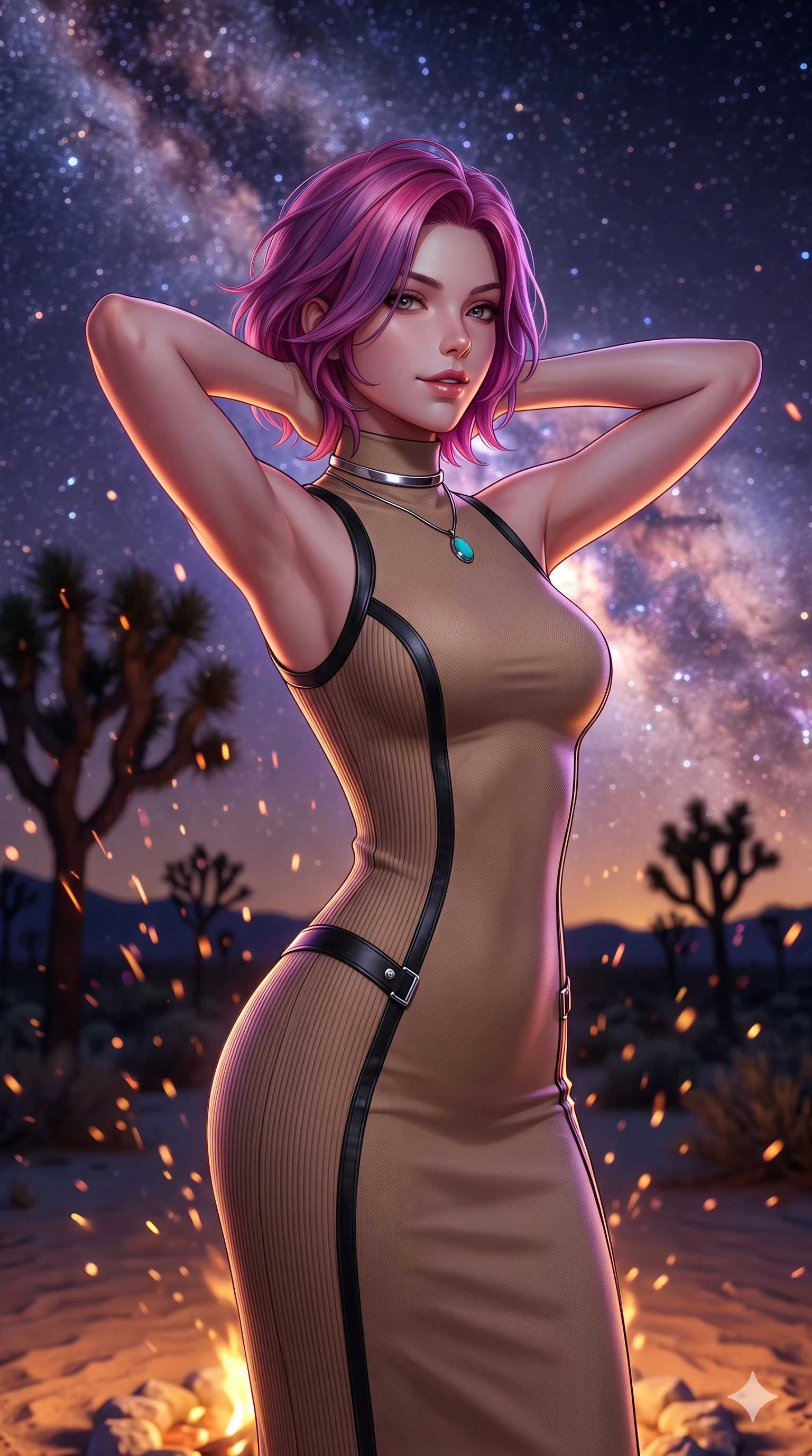 score_9, masterpiece, best quality, ultra-detailed, high-budget anime keyframe, semi-realistic 3D game render, editorial fashion photography, tasteful artistic composition, Caucasian woman. close-up cowboy shot from the waist and thighs up, the character dominates the composition, filling the frame with her large presence. resting both hands lightly behind her neck with elbows raised, arching her spine to highlight her narrow waist, flat midriff, and breathtaking collarbones while standing poised at the edge of the firelit circle, looking back over her shoulder with an enchanting, smoldering bedroom-gaze against the celestial cosmos. The background shows a soft-focus the dense glowing band of the Milky Way, silhouetted Joshua trees, and dancing fire sparks blurred into amethyst, amber, and diamond starlight bokeh. She has an exceptionally elegant, slender, and willowy female figure with an ultra-slim waist, flat toned midriff, narrow ribcage, and sculpted feminine hips creating an alluring, slim hourglass silhouette without bulk. sharp v-shaped jawline, high-bridge nose, sparkling eyes with hypnotic seductive depth, thick curled eyelashes, glossy parted lips with a natural dewy peach sheen, alluring bedroom-eyes with an enchanting coquettish smile, exuding magnetic siren charisma and sophisticated glamour, flawlessly proportioned anatomical accuracy, strict slender model proportions, natural body alignment, perfectly sculpted long slender limbs, ultra-slim waistline, clean dynamic posture without body distortion. wearing a refined high-neck sleeveless knit column dress with ribbed side panels and leather trim in matte desert tan and polished chrome accents, tailored from second-skin technical compression neoprene with athletic curve-sculpting stretch, finished with a minimalist chrome choker and a single turquoise stone pendant, the impeccably tailored cut draping gracefully along her slender figure with aristocratic western poise. illuminated by white sand ground bounce and sharp amber-violet rim lights defining her razor-sharp jawline, narrow waist, and curvy hips. highly saturated vibrant anime colors, detailed shading with soft gradients, rich glossy textures, high-contrast stereoscopic depth, volumetric dynamic lighting, master piece, 9:16 ratio