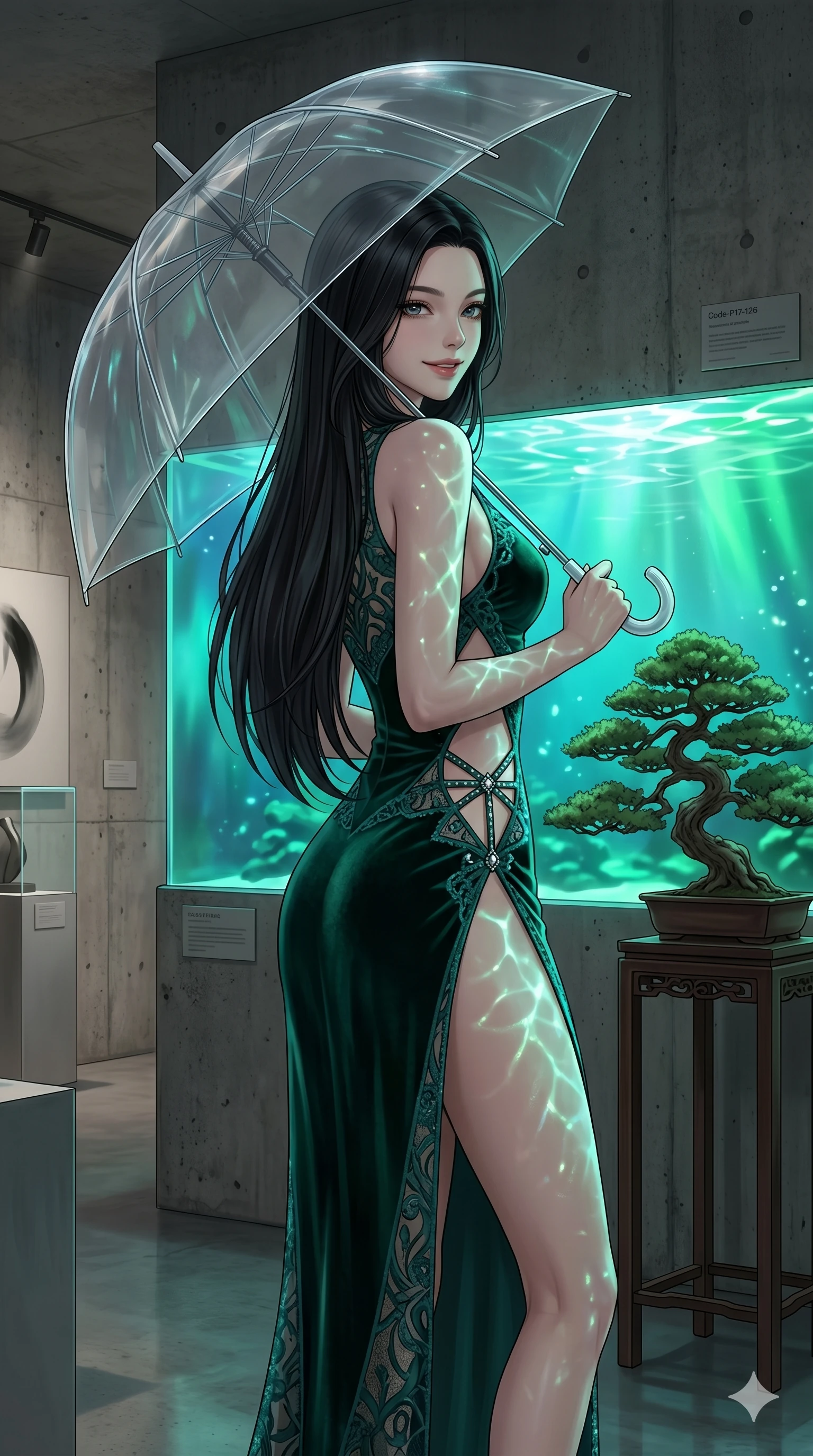 score_9, masterpiece, best quality, ultra-detailed, high-budget anime keyframe, editorial fashion photography, tasteful artistic composition, Korean woman. cowboy shot from the thighs up, character and outfit filling the frame for maximum editorial presence. holding a transparent umbrella, looking over her shoulder with a teasing smile inside a concrete gallery with a bonsai tree (Code-P17-126). She has an absolutely perfect 8-heads proportion, an exceptionally tall and slender female figure with impossibly long slender legs and an ultra-slim waist. V-shaped jawline, high-bridge nose, intricate jewel-like eyes with depth, thick eyelashes, glossy lips with a natural sheen. wearing a velvet bodycon dress with high slit and side cutouts. cyan and emerald light from the aquarium tanks casting glittering patterns on her skin. 2k, ultra detail, master piece, 9:16 ratio