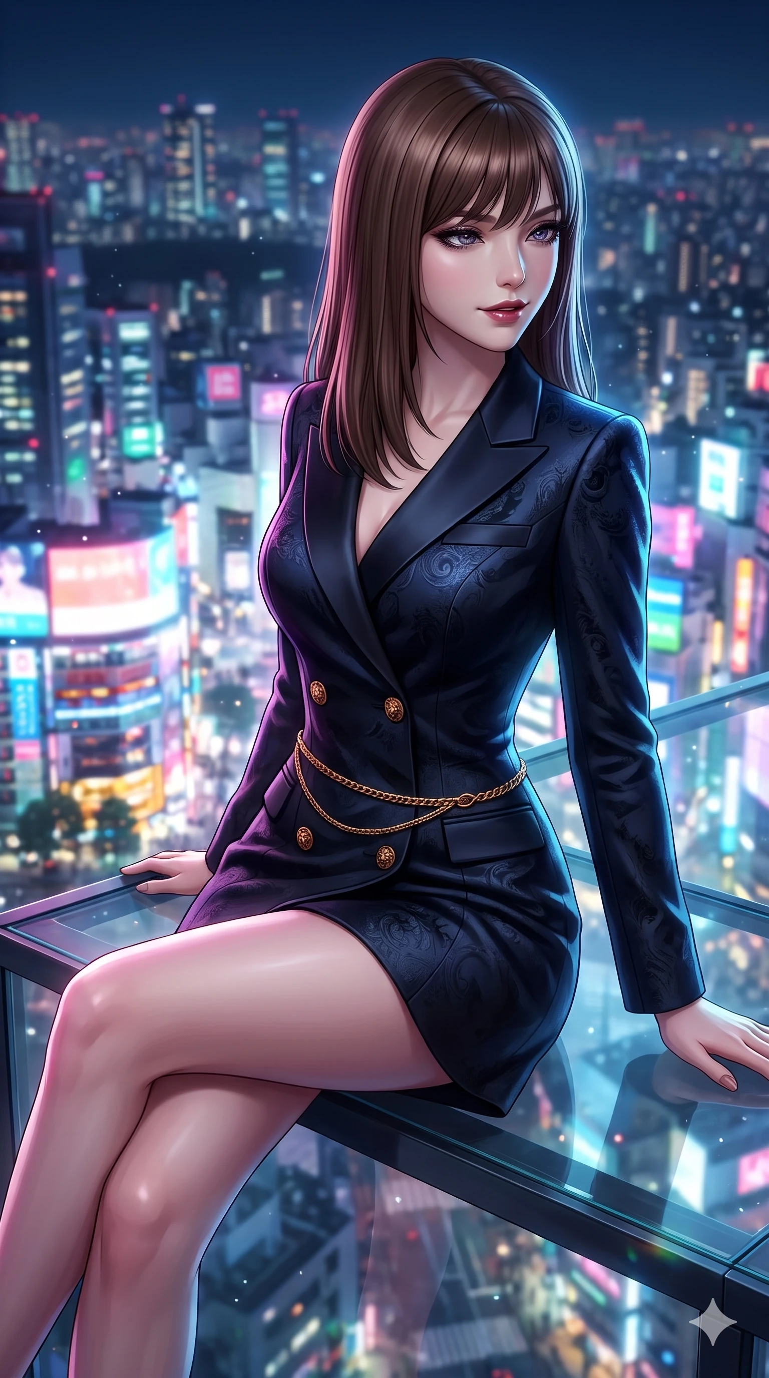 score_9, masterpiece, best quality, ultra-detailed, high-budget anime keyframe, semi-realistic 3D game render, editorial fashion photography, tasteful artistic composition, Korean woman. close-up cowboy shot from the waist and thighs up, the character dominates the composition, filling the frame with her large presence. twisting her slender torso in a deep contrapposto stance, hips dramatically shifted to accentuate her feminine curves while looking past her shoulder with smoldering bedroom-eyes while sitting gracefully on the glass edge platform with one knee bent, arching her spine with supermodel elegance against the endless neon expanse. The background shows a soft-focus epic Tokyo skyline panoramic overlook softened in high-altitude shallow focus. She has an exceptionally elegant, slender, and willowy female figure with an ultra-slim waist, flat toned midriff, narrow ribcage, and sculpted feminine hips creating an alluring, slim hourglass silhouette without bulk. sharp v-shaped jawline, high-bridge nose, intricate jewel-like dark sparkling eyes with dangerous depth, thick curled eyelashes, glossy parted lips with a rich wine sheen, smoldering seductive half-smile with bedroom-eyes, exuding effortless superiority and intoxicating dark allure, flawlessly proportioned anatomical accuracy, strict slender model proportions, natural body alignment, perfectly sculpted long slender limbs, ultra-slim waistline, clean dynamic posture without body distortion. wearing a tailored double-breasted midnight tuxedo jacket dress with satin peak lapels and golden lion-head buttons in dark burnt copper and matte black, tailored from rich silk jacquard with subtle embossed baroque patterns, finished with a delicate gold snake chain belt resting loosely across her curvy hips, the impeccably tailored cut draping gracefully along her slender figure with aristocratic noir poise. bathed in the blinding, radiant glow of a hundred giant LED screens washing upward from the street level. highly saturated vibrant anime colors, detailed shading with soft gradients, rich glossy textures, high-contrast stereoscopic depth, volumetric dynamic lighting, master piece, 9:16 ratio