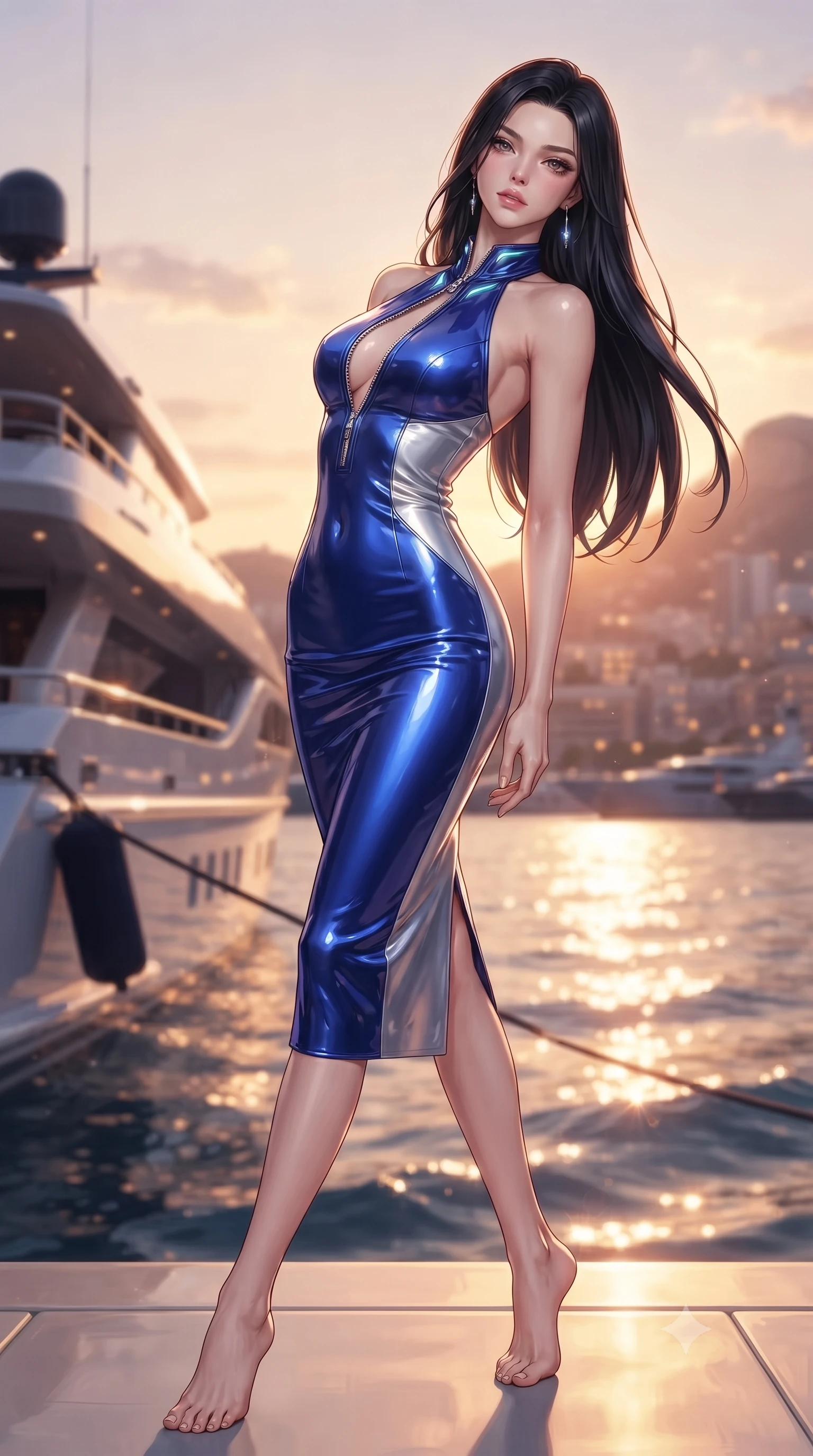 score_9, masterpiece, best quality, ultra-detailed, high-budget anime keyframe, editorial fashion photography, tasteful artistic composition, Korean woman. low angle full-body shot from head to toe showing her feet, filling the entire 9:16 vertical frame with her statuesque presence, stretching her vertical silhouette. arching her back in a fluid zero-gravity turn with sovereign grace, her long slender legs and sculpted torso creating a sweeping line while standing with effortless supermodel poise at the stern of a 100-meter luxury superyacht docked in Monaco harbor at sunset. The composition keeps background elements in soft focus with creamy bokeh. sparkling sunset light on ocean waves creating a soft, glamorous golden backdrop. She has an absolutely perfect, statuesque 8.5-heads proportion, an exceptionally tall and slender model-like female figure with impossibly long slender legs, a toned flat midriff, and an ultra-slim waist. sharp v-shaped jawline, high-bridge nose, intricate jewel-like eyes with depth, thick eyelashes, glossy lips with a natural sheen, flawlessly proportioned anatomical accuracy, strict slender model proportions, natural body alignment, perfectly sculpted long slender limbs, ultra-slim waistline, clean dynamic posture without body distortion. wearing a velvet halter-neck midi dress fitting her statuesque contour flawlessly with a Tasteful chest slit and open spine in liquid electric cobalt blue and polished silver, formed from high-gloss patent material with specular light reflections, featuring a dangerously unzipped neckline framed by glowing cybernetic accents, the liquid-tight tailored fabric emphasizing every curve of her tall, slender model proportions and sculptured silhouette during dynamic movement. bathed in warm rose-gold sunset sunbeams and sparkling ocean surface reflections. ultra-reflective glossy finish, specular highlights, metallic sheen, high-contrast stereoscopic depth, volumetric dynamic lighting, 2k, ultra detail, master piece, 9:16 ratio