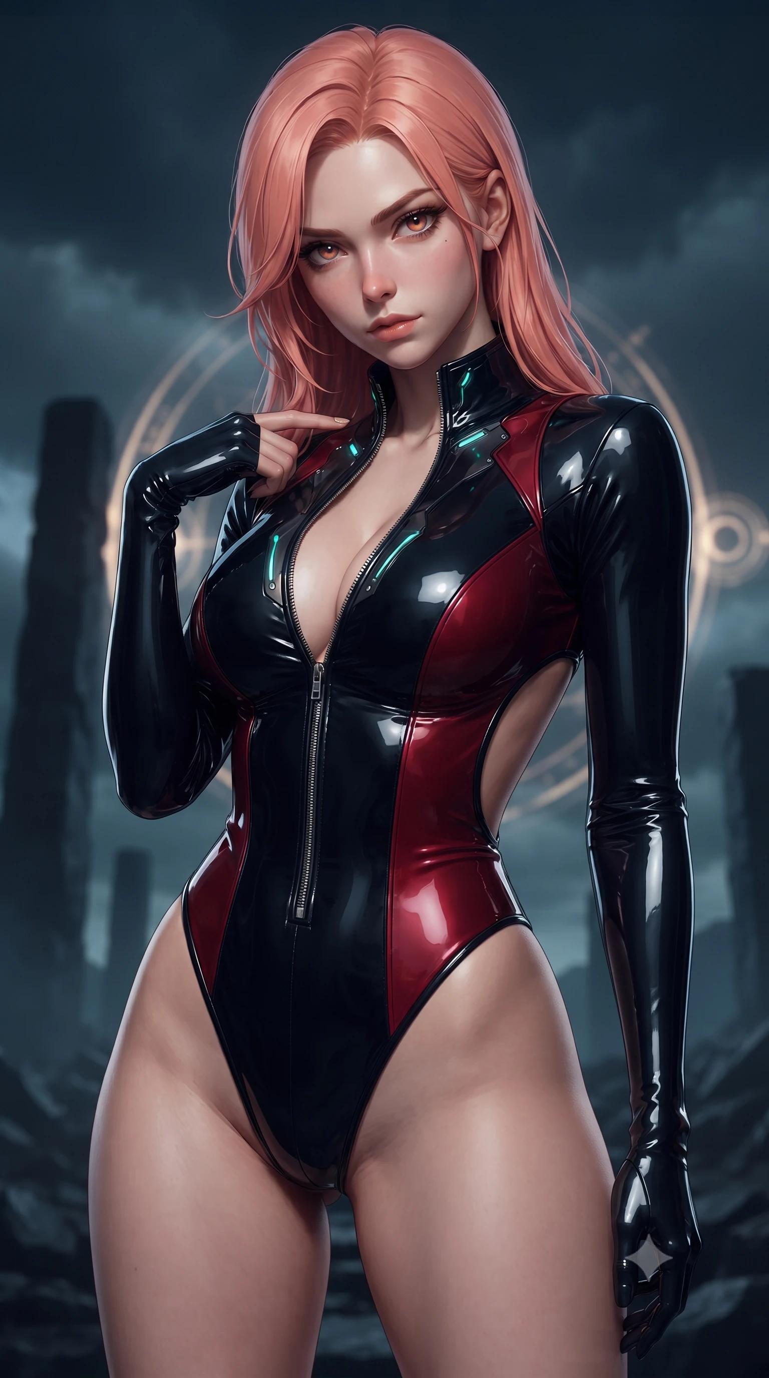 score_9, masterpiece, best quality, ultra-detailed, high-budget anime keyframe, editorial fashion photography, tasteful artistic composition, Japanese woman. close-up cowboy shot from the waist and thighs up, the character dominates the composition, filling the frame with her large presence. leaning forward with a dangerous, enticing smolder, trailing one finger slowly along her bare collarbone while casting a fiery, magnetic direct gaze while resting one hand near her collarbone with a dangerous, sovereign smolder gazing directly into the lens beneath the dark sky. The composition keeps background elements in soft focus with creamy bokeh. ancient basalt monolithic pillars and glowing arcane circles softened by moody atmospheric focus. She has an exceptionally elegant, slender, and willowy female figure with an ultra-slim waist, a gracefully sculpted slender torso, toned flat midriff, and a refined slim silhouette. sharp v-shaped jawline, high-bridge nose, intricate jewel-like eyes with depth, thick eyelashes, glossy lips with a natural sheen, flawlessly proportioned anatomical accuracy, strict slender model proportions, natural body alignment, perfectly sculpted long slender limbs, ultra-slim waistline, clean dynamic posture without body distortion. wearing an ultra-sleek high-cut vinyl bodysuit with front contour paneling, exposed side-rib cutouts, and an open back in midnight onyx black and deep blood crimson, formed from high-gloss patent material with specular chiaroscuro reflections, featuring a dangerously unzipped neckline framed by subtle glowing cybernetic accents, the glove-like aerodynamic second-skin fit tightly clinging to her ultra-slender waist and athletic curves without adding bulk, accentuating her razor-sharp statuesque lines and slim hourglass silhouette. surrounded by an awe-inspiring, forbidden, and intensely provocative dark-goddess aura. ultra-reflective glossy finish, specular highlights, dark metallic sheen, deep chiaroscuro contrast, volumetric dynamic shadow lighting, 2k, ultra detail, master piece, 9:16 ratio