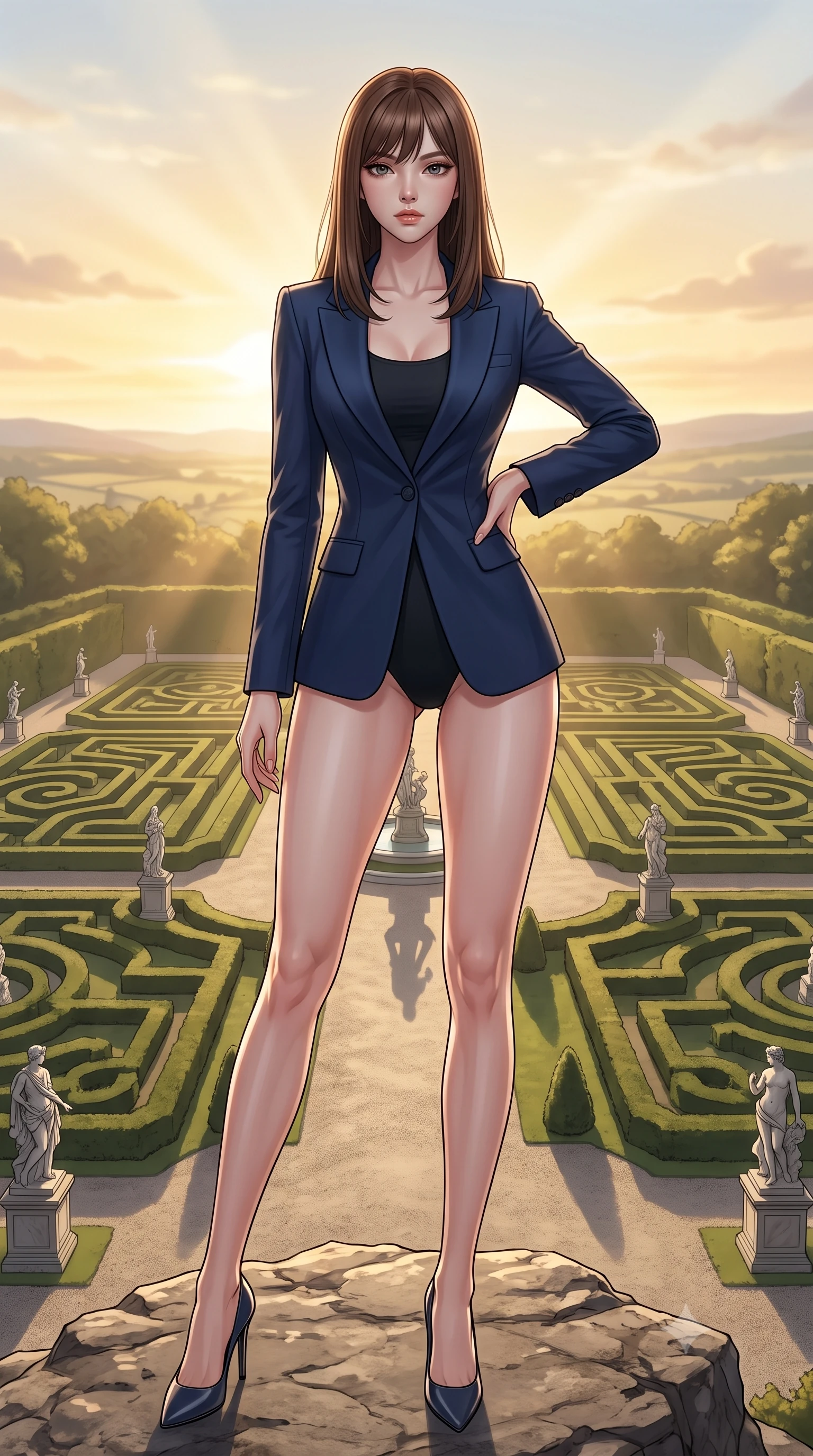 score_9, masterpiece, best quality, ultra-detailed, high-budget anime keyframe, editorial fashion photography, tasteful artistic composition, Korean woman woman. low angle full-body shot from head to toe showing her feet, filling the entire 9:16 vertical frame with her statuesque presence, stretching her vertical silhouette. standing proud on a scenic cliff overlooking the valley, her silhouette framed by the golden sky the background shows a soft-focus a garden with structured hedge mazes, marble statues, and gravel paths of an old estate. She has an absolutely perfect, statuesque 8.5-heads proportion, an exceptionally tall and slender model-like female figure with impossibly long slender legs and an ultra-slim waist. sharp v-shaped jawline, high-bridge nose, intricate jewel-like eyes with depth, thick eyelashes, glossy lips with a natural sheen. wearing a body-hugging sleek tailored blazer in navy blue worn closed over a tight-fitting black bodysuit. soft morning sunrays casting elegant shadows of the statues and hedges. 2k, ultra detail, master piece, 9:16 ratio