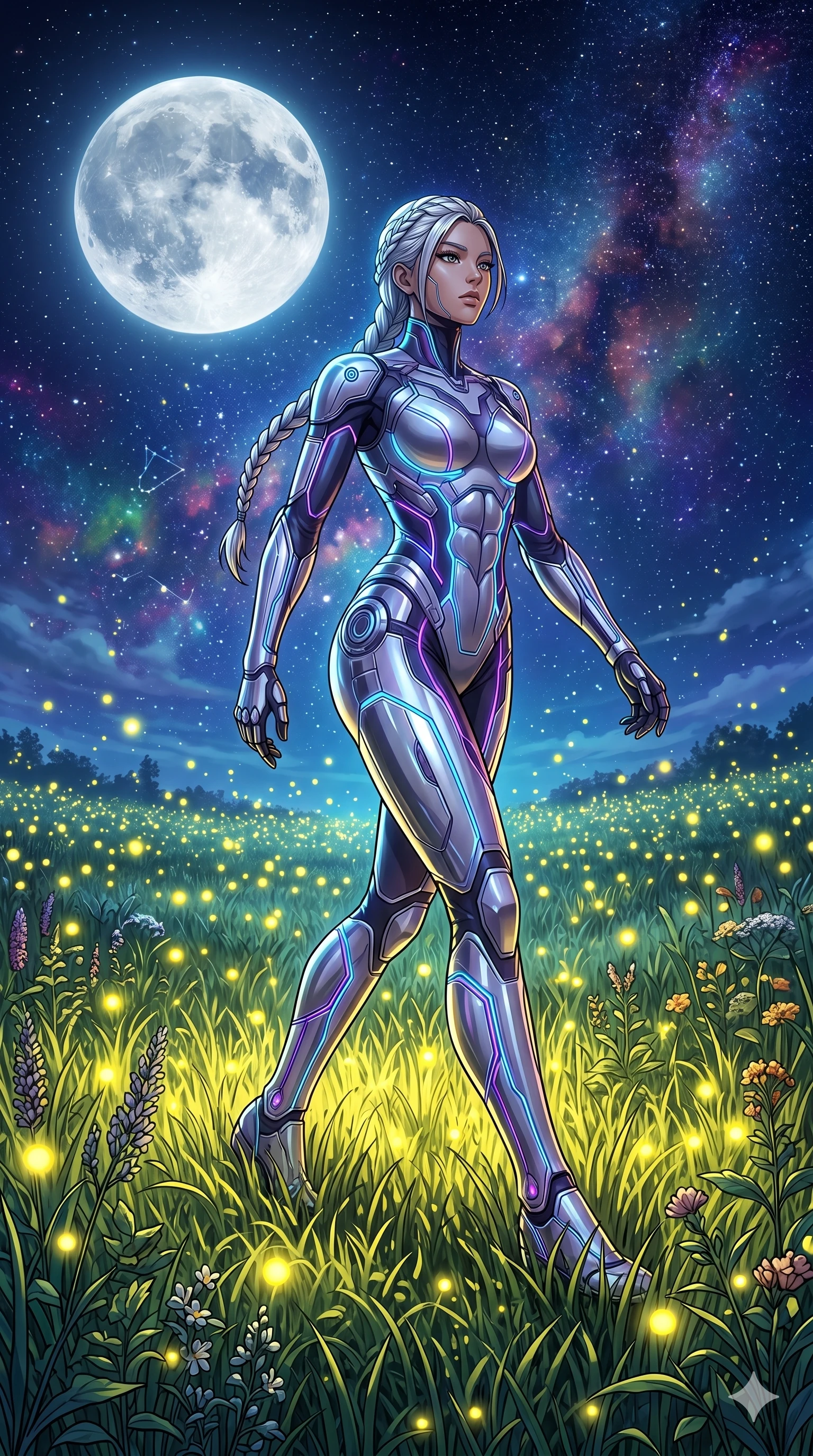 score_9, masterpiece, best quality, ultra-detailed, Set C: High-budget Anime Keyframe, Korean woman. Low angle cowboy shot filling the entire 9:16 frame with her statuesque presence. Walking through a field of tall grass that glows with fireflies at night under a full moon. She has an absolutely perfect 8-heads proportion, an exceptionally tall and slender female figure with elegant long slender legs and an slender waist. Sharp v-shaped jawline, high-bridge nose, intricate jewel-like eyes with depth, thick eyelashes, glossy lips. Wearing a Tech-Fantasy outfit: cybernetic tech-suit with glowing seams and chrome plating. Background is a bright and colorful meadow with thousands of yellow lights and a vibrant starry sky. 2k, ultra detail, master piece, 9:16 ratio