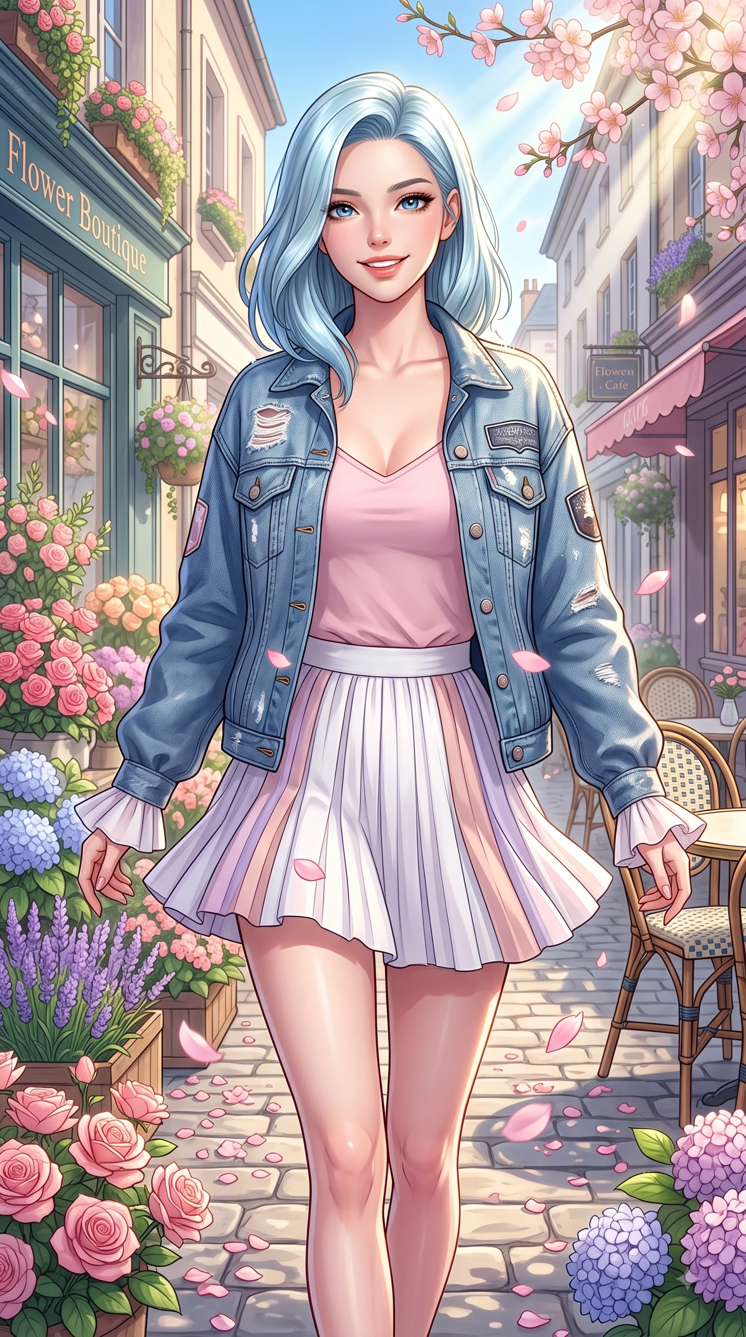 score_9, masterpiece, best quality, ultra-detailed, high-budget anime keyframe, editorial fashion photography, tasteful artistic composition, Korean woman. close-up cowboy shot from the waist and thighs up, the character dominates the composition, filling the frame with her large presence. Gazing directly into the camera with a fresh, infectious smile as her torso curves dynamically in mid-stride while stepping cheerfully along a flower-strewn walkway as pastel pink petals float softly around her. The surrounding environment is rendered in vivid detail and crisp panoramic clarity. vibrant European-style flower boutiques, cobblestone paths, and detailed outdoor cafe seating under clear morning sun. She has an exceptionally elegant, slender, and willowy female figure with an ultra-slim waist, a gracefully sculpted slender torso, and a refined silhouette. sharp v-shaped jawline, high-bridge nose, intricate jewel-like eyes with depth, thick eyelashes, glossy lips with a natural sheen, flawlessly proportioned anatomical accuracy, natural body alignment, perfectly sculpted elegant limbs, clean dynamic posture without body distortion. wearing a trendy oversized denim jacket over a soft pastel pink camisole and white pleated mini skirt in pastel lilac and soft rose gold, knitted from soft cozy cashmere yarn, accented with soft smocked details and fluttery cuffs, the breezy lightweight fabric fluttering softly against her delicate frame. illuminated by gentle sunbeams streaming through blooming flower branches. highly saturated vibrant anime colors, detailed shading with soft gradients, rich glossy textures, high-contrast stereoscopic depth, volumetric dynamic lighting, master piece, 9:16 ratio