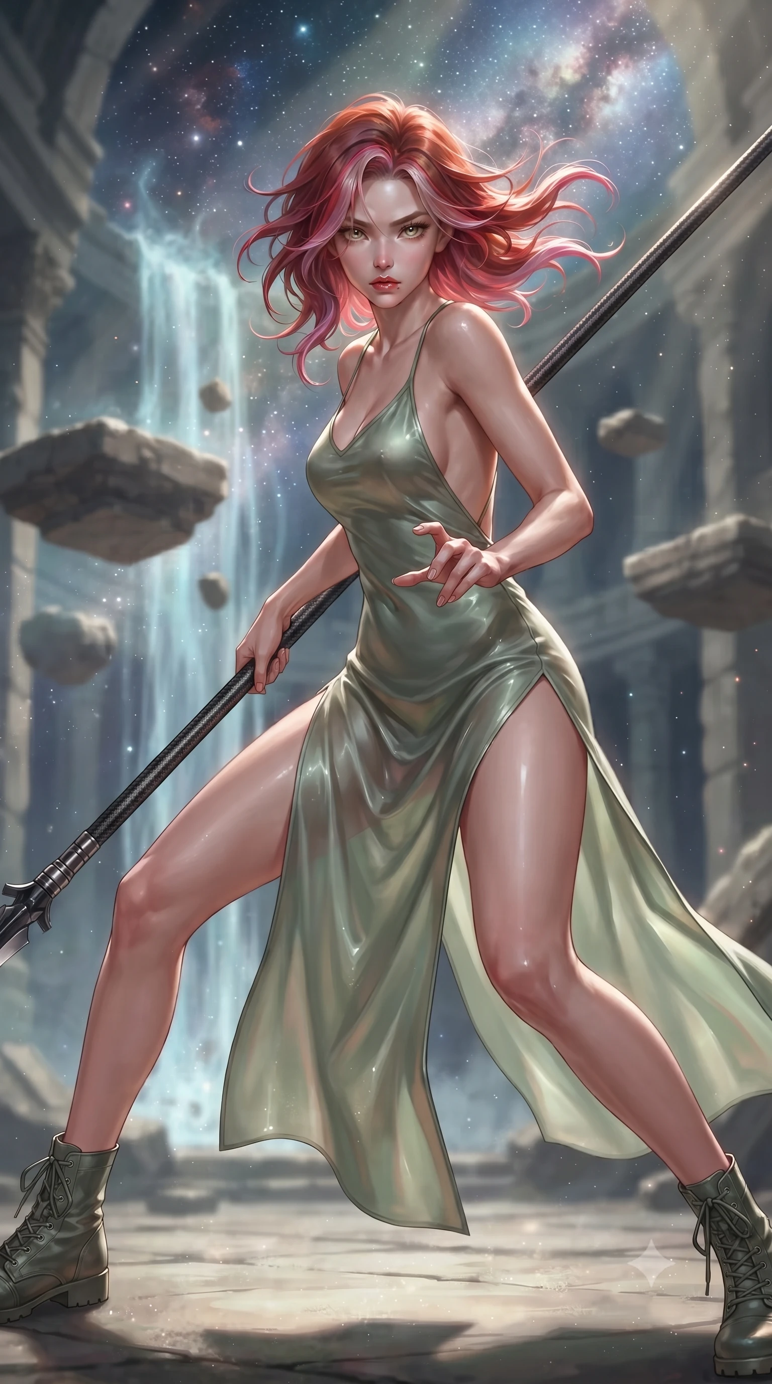 score_9, masterpiece, best quality, ultra-detailed, high-budget anime keyframe, editorial fashion photography, tasteful artistic composition, Caucasian woman. low angle full-body shot from head to toe showing her feet, filling the entire 9:16 vertical frame with her statuesque presence, stretching her vertical silhouette. standing in a dynamic combat stance with a carbon-fiber spear held diagonally, stretching her statuesque body, the background shows a soft-focus a ruins courtyard with levitating stone platforms near the energy waterfall. She has an absolutely perfect, statuesque 8.5-heads proportion, an exceptionally tall and slender model-like female figure with impossibly long slender legs and an ultra-slim waist. sharp v-shaped jawline, high-bridge nose, intricate jewel-like eyes with depth, thick eyelashes, glossy lips with a natural sheen. wearing a tailored lightweight silk combat slip dress in sage green, featuring a high side slit and a low-cut back. dappled starlight filtering through cosmic dust clouds, creating light rays. ultra-reflective glossy finish, specular highlights, metallic sheen, high-contrast stereoscopic depth, volumetric dynamic lighting, 2k, ultra detail, master piece, 9:16 ratio