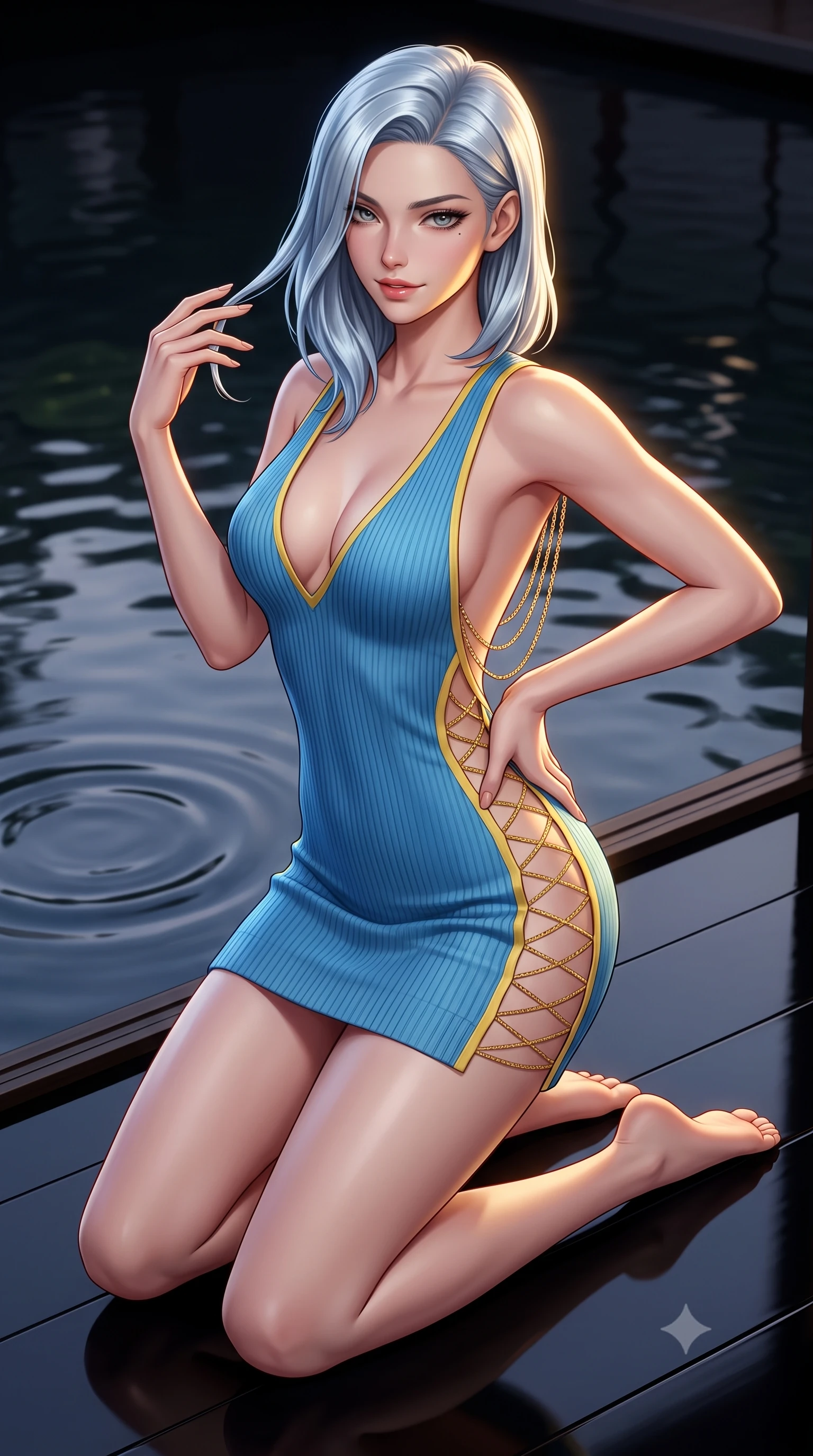 score_9, masterpiece, best quality, ultra-detailed, high-budget anime keyframe, semi-realistic 3D game render, editorial fashion photography, tasteful artistic composition, Korean woman. close-up cowboy shot from the waist and thighs up, the character dominates the composition, filling the frame with her large presence. twisting her slender torso in an alluring contrapposto stance, one hand resting on her sculpted hip while her fingers toy with her hair with effortless poise while kneeling gracefully on the mirror-finish black lacquer engawa veranda, arching her lower back to accentuate her curvy hips beside the dark reflecting pond. The background shows a soft-focus gentle pond water ripples softened in avant-garde neo-traditional shallow focus. She has an exceptionally elegant, slender, and willowy female figure with an ultra-slim waist, flat toned midriff, narrow ribcage, and sculpted feminine hips creating an alluring, slim hourglass silhouette without bulk. sharp v-shaped jawline, high-bridge nose, sparkling eyes with hypnotic seductive depth, thick curled eyelashes, glossy parted lips with a natural dewy peach sheen, alluring bedroom-eyes with an enchanting coquettish smile, exuding magnetic siren charisma and sophisticated glamour, flawlessly proportioned anatomical accuracy, strict slender model proportions, natural body alignment, perfectly sculpted long slender limbs, ultra-slim waistline, clean dynamic posture without body distortion. wearing a plunging V-neck fine rib-knit sweater dress with daring side-lace openings tracing her hip curve in Amalfi azure blue and sunlit lemon gold, tailored from fine structural neoprene with crisp architectural edges and smooth contouring, accented with an open-back drape framed by falling strands of delicate gold chains, the glove-like clinging cut tightly following the natural contour of her hips and long slender legs with youthful 8.5-heads elegance. illuminated by lacquer floor reflection fill and sharp warm-gold rim lights sculpting her jawline, flat midriff, and voluptuous hip curves. highly saturated vibrant anime colors, detailed shading with soft gradients, rich glossy textures, high-contrast stereoscopic depth, volumetric dynamic lighting, master piece, 9:16 ratio