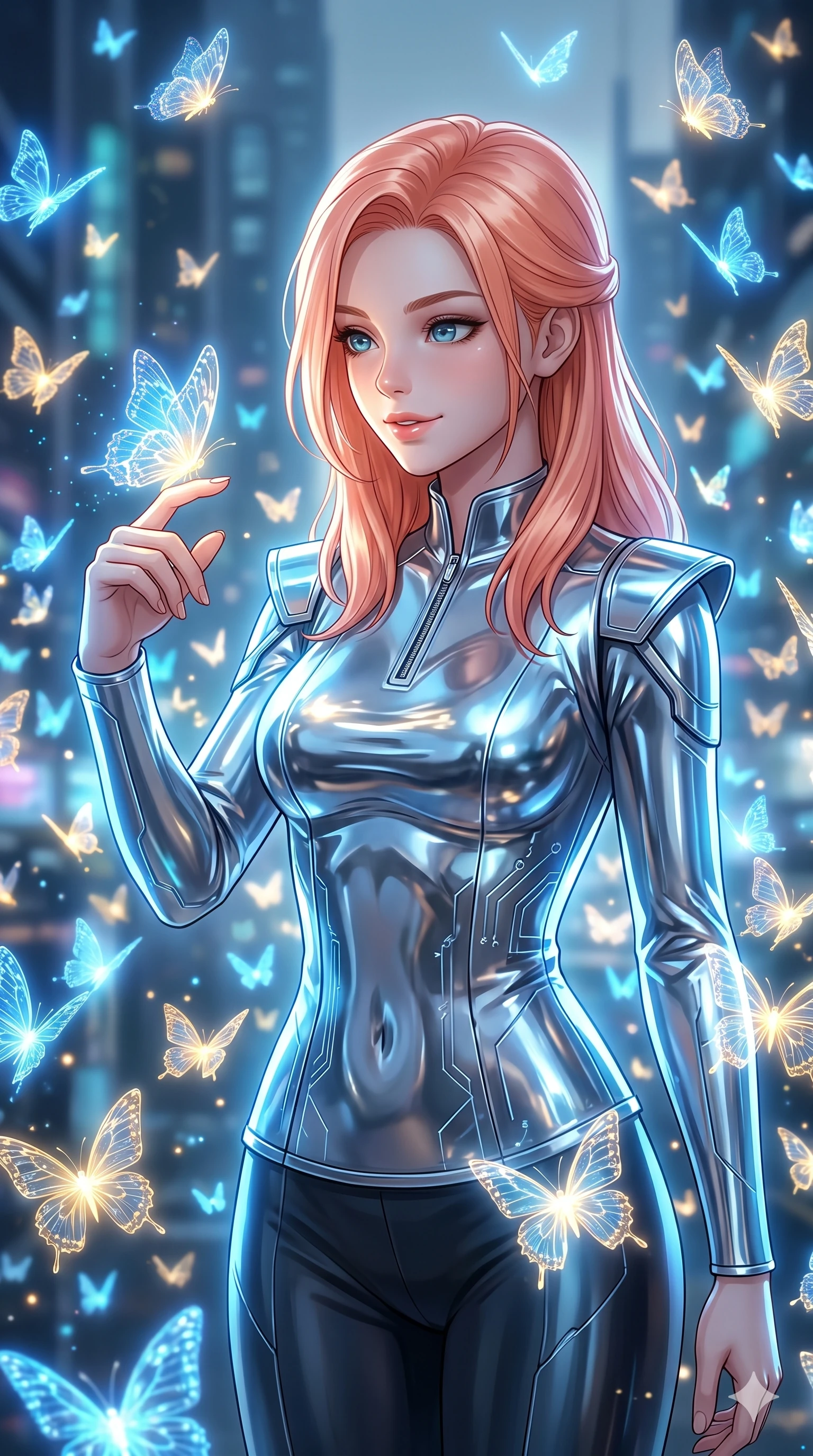 score_9, masterpiece, best quality, ultra-detailed, high-budget anime keyframe, Japanese woman. Upper body close-up from the thighs up, character filling the screen for maximum presence. She is surrounded by thousands of glowing digital butterflies that orbit her body. She reaches out to let one land on her finger, looking at it with a soft, captivating smile. She has an absolutely perfect 8-heads proportion, a tall and elegant figure with a refined silhouette and a defined waistline. V-shaped jawline, high-bridge nose, intricate jewel-like eyes with depth, thick eyelashes, glossy lips with a natural sheen. She is wearing a sleek tailored top in liquid-chrome finish that complements her silhouette, styled with sophisticated architectural shoulder accents and a modern zip collar. The scene is lit by brilliant blue and gold light from the butterflies and a sharp side key light. 2k, ultra detail, master piece, 9:16 ratio