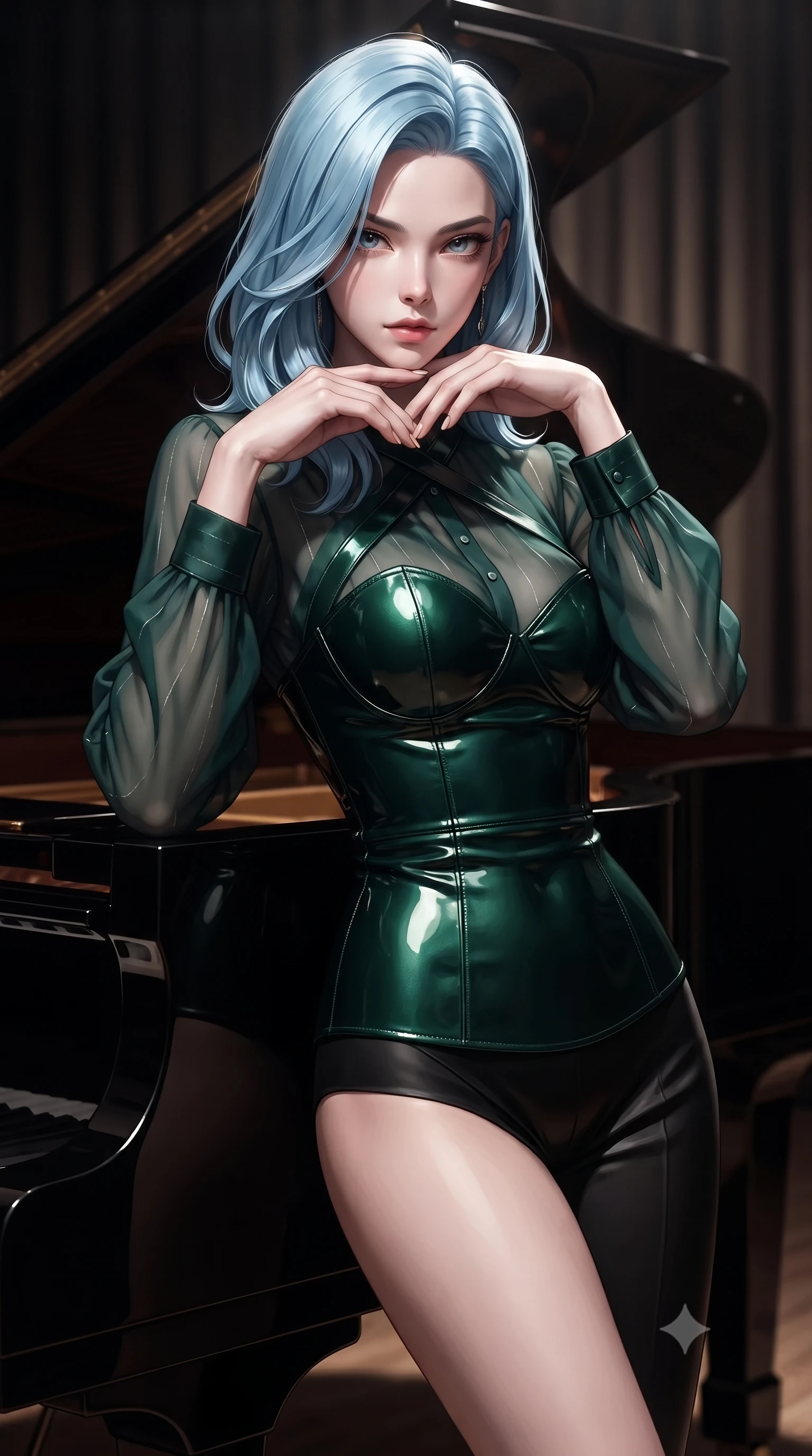 score_9, masterpiece, best quality, ultra-detailed, high-budget anime keyframe, editorial fashion photography, tasteful artistic composition, Korean woman. close-up cowboy shot from the waist and thighs up, the character dominates the composition, filling the frame with her large presence, background elements kept in soft focus. Resting her chin on the backs of her fingers, casting a sharp, mysterious gaze standing beside a polished ebony grand piano on a solitary concert stage, ultra-glossy ebony piano lacquer reflecting the spotlight and her silhouette. She has an exceptionally elegant, slender, and willowy female figure with an ultra-slim waist, a gracefully sculpted slender torso, and a refined silhouette. sharp v-shaped jawline, high-bridge nose, intricate jewel-like eyes with depth, thick eyelashes, glossy lips with a natural sheen. wearing a tailored leather bustier over a sheer silk chiffon blouse in deep emerald green and silver accent, tailored from high-gloss patent leather, complemented by criss-cross back straps highlighting her bare shoulders, the form-contouring material highlighting her ultra-slim waist and long lines. surrounded by an elegant, high-contrast performance atmosphere. ultra-reflective glossy finish, specular highlights, metallic sheen, high-contrast stereoscopic depth, volumetric dynamic lighting, 2k, ultra detail, master piece, 9:16 ratio