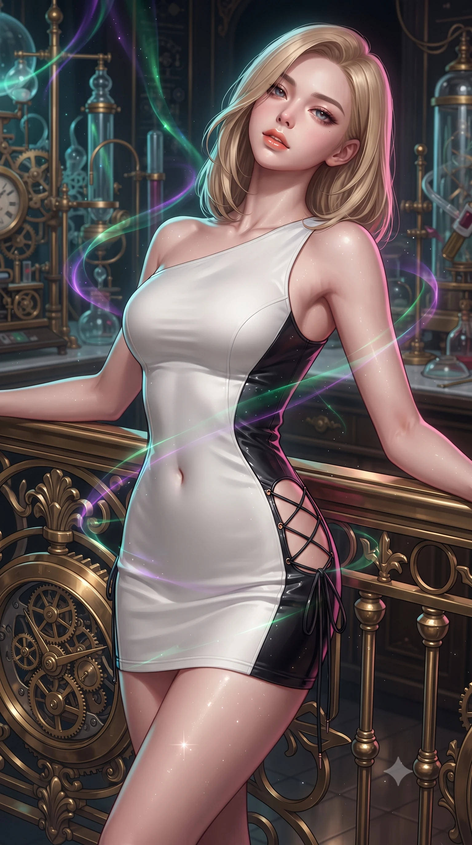 score_9, masterpiece, best quality, ultra-detailed, high-budget anime keyframe, editorial fashion photography, tasteful artistic composition, Korean woman. close-up cowboy shot from the waist and thighs up, the character dominates the composition, filling the frame with her large presence. leaning back against the balustrade with relaxed seductive grace, head tilted back slightly while casting a hypnotic, heavy-lidded gaze while twisting her slender torso in an alluring S-curve, dancing green and violet aurora ribbons tracing her flat midriff, waist, and hips. The surrounding environment is rendered in vivid detail and crisp panoramic clarity: detailed strappy velvet bodysuit texture, starlight glints on skin, and Victorian scientific craftsmanship in high resolution. She has an exceptionally elegant, slender, and willowy female figure with an ultra-slim waist, flat toned midriff, narrow ribcage, and sculpted feminine hips creating an alluring, slim hourglass silhouette without bulk. sharp v-shaped jawline, high-bridge nose, sparkling eyes with hypnotic seductive depth, thick curled eyelashes, glossy parted lips with a natural dewy peach sheen, alluring bedroom-eyes with an enchanting coquettish smile, exuding magnetic siren charisma and sophisticated glamour, flawlessly proportioned anatomical accuracy, strict slender model proportions, natural body alignment, perfectly sculpted long slender limbs, ultra-slim waistline, clean dynamic posture without body distortion. wearing an asymmetric one-shoulder white neoprene mini dress with sharp laser-cut side openings framing her spine and hips in wet-look onyx black with crimson specular reflections, crafted from fluid liquid silk satin that clings smoothly to every curve with a dewy sheen, finished with fine criss-cross lace-up side ties revealing tantalizing glimpses of her hip curve, the glove-like clinging cut tightly following the natural contour of her hips and long slender legs with youthful 8.5-heads elegance. illuminated by brass tube specular highlights and sharp cyan-magenta rim lights defining her delicate clavicles, ultra-slim waist, and curvy hips. ultra-reflective glossy finish, specular highlights, rich textural contrasts, high-contrast stereoscopic depth, volumetric dynamic lighting, 2k, ultra detail, master piece, 9:16 ratio