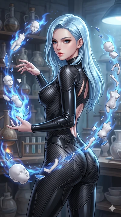score_9, masterpiece, best quality, ultra-detailed, high-budget anime keyframe, Korean woman. upper body close-up from the thighs up, character filling the screen for maximum presence. assisting in an alchemical porcelain workshop where floating whit
