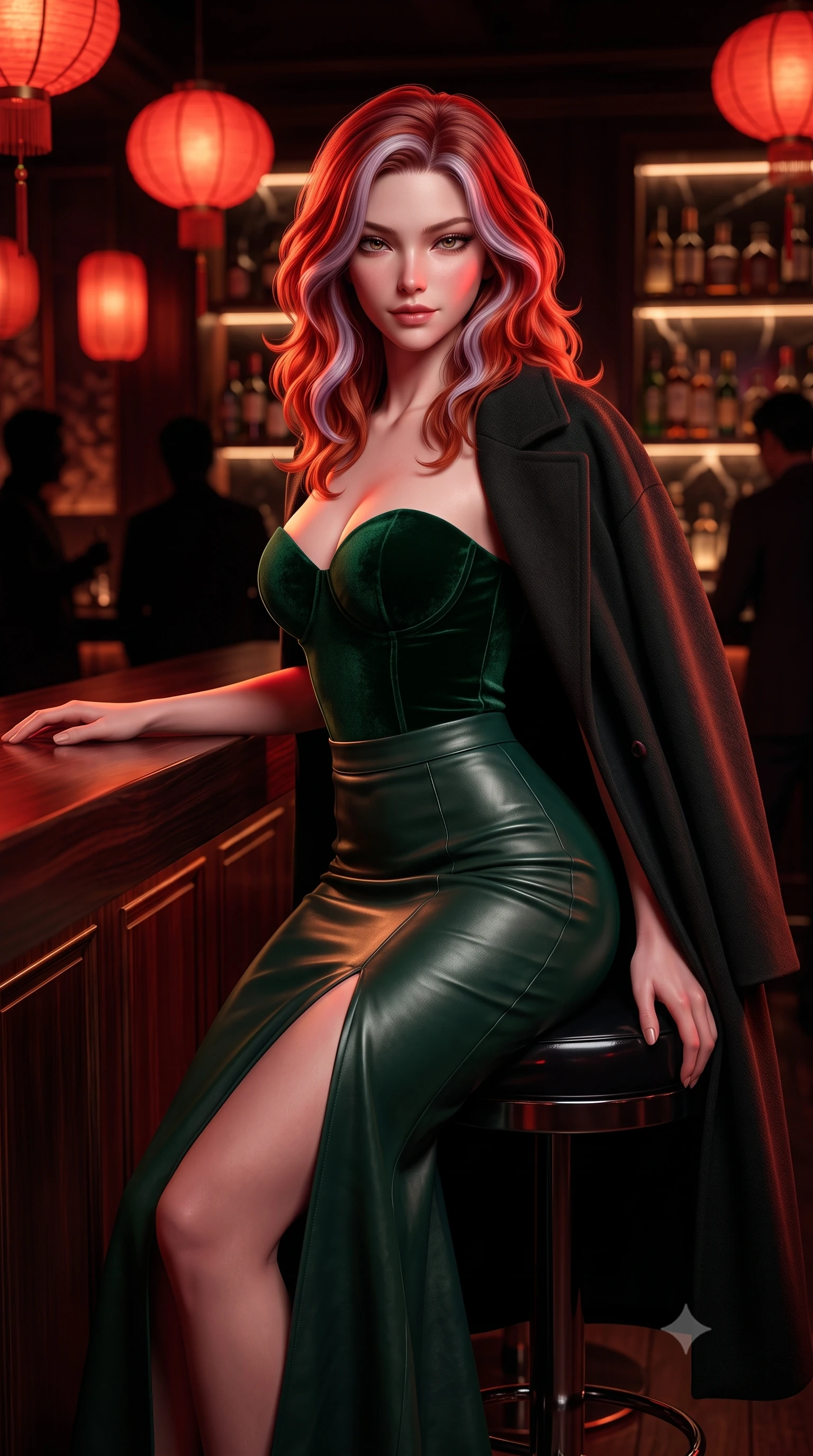 score_9, masterpiece, best quality, ultra-detailed, high-budget anime keyframe, semi-realistic 3D game render, editorial fashion photography, tasteful artistic composition, Caucasian woman. close-up cowboy shot from the waist and thighs up, the character dominates the composition, filling the frame with her large presence. leaning forward over the counter while arching her lower back to accentuate her curvy hips, looking into the lens with a dangerous smoldering half-smile and bedroom-eyes while sitting on a high glossy black stool beside a polished crimson lacquer partition, arching her lower back with a tantalizing, smoldering smile. The composition keeps background elements in soft focus with dreamy creamy bokeh. glowing crimson paper lanterns, backlit onyx bar shelves, and dark silhouette patrons blurred into deep scarlet, vermilion, and obsidian bokeh. She has an exceptionally elegant, slender, and willowy female figure with an ultra-slim waist, flat toned midriff, narrow ribcage, and sculpted feminine hips creating an alluring, slim hourglass silhouette without bulk. sharp v-shaped jawline, high-bridge nose, intricate jewel-like dark sparkling eyes with dangerous depth, thick curled eyelashes, glossy parted lips with a rich wine sheen, smoldering seductive half-smile with bedroom-eyes, exuding effortless superiority and intoxicating dark allure, flawlessly proportioned anatomical accuracy, strict slender model proportions, natural body alignment, perfectly sculpted long slender limbs, ultra-slim waistline, clean dynamic posture without body distortion. wearing a sweetheart-neckline velvet bustier paired with a curve-hugging high-slit mermaid maxi skirt in dark emerald green and brushed antique bronze, made of supple butter-soft lambskin leather with a subtle satin sheen, complemented by an oversized dark cashmere coat draped casually over one shoulder, the glove-like silhouette tightly following the natural contour of her hips and long slender legs with youthful 8.5-heads elegance. bathed in intense crimson and deep amber low-key accent lighting. highly saturated vibrant anime colors, detailed shading with soft gradients, rich glossy textures, high-contrast stereoscopic depth, volumetric dynamic lighting, master piece, 9:16 ratio