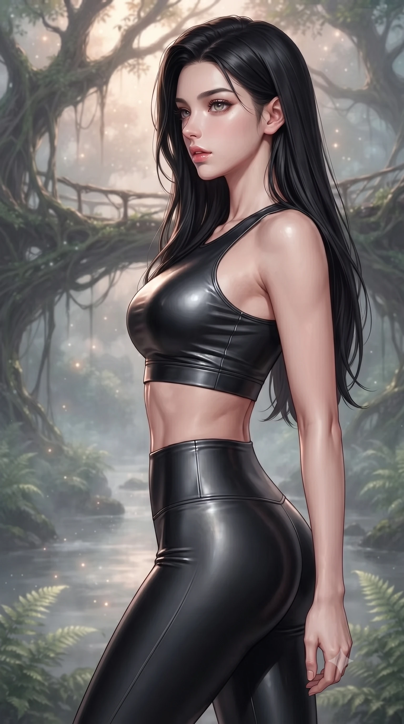 score_9, masterpiece, best quality, ultra-detailed, high-budget anime keyframe, editorial fashion photography, tasteful artistic composition, Korean woman. close-up cowboy shot from the waist and thighs up, the character dominates the composition, filling the frame with her large presence, background elements kept in soft focus. turning her face in profile to look over her shoulder, casting a smoldering side gaze with lips slightly parted, the background shows a soft-focus a banyan tree bridge overlooking a misty river with bio-engineered ferns. She has an exceptionally elegant, slender, and willowy female figure with an ultra-slim waist, a gracefully sculpted slender torso, and a refined silhouette. sharp v-shaped jawline, high-bridge nose, intricate jewel-like eyes with depth, thick eyelashes, glossy lips with a natural sheen. wearing a body-hugging form-fitting athletic crop top and matching high-waisted compression leggings in sleek carbon-black tech fabric. soft morning mist diffusing the warm starlight, creating a tranquil atmosphere. ultra-reflective glossy finish, specular highlights, metallic sheen, high-contrast stereoscopic depth, volumetric dynamic lighting, 2k, ultra detail, master piece, 9:16 ratio