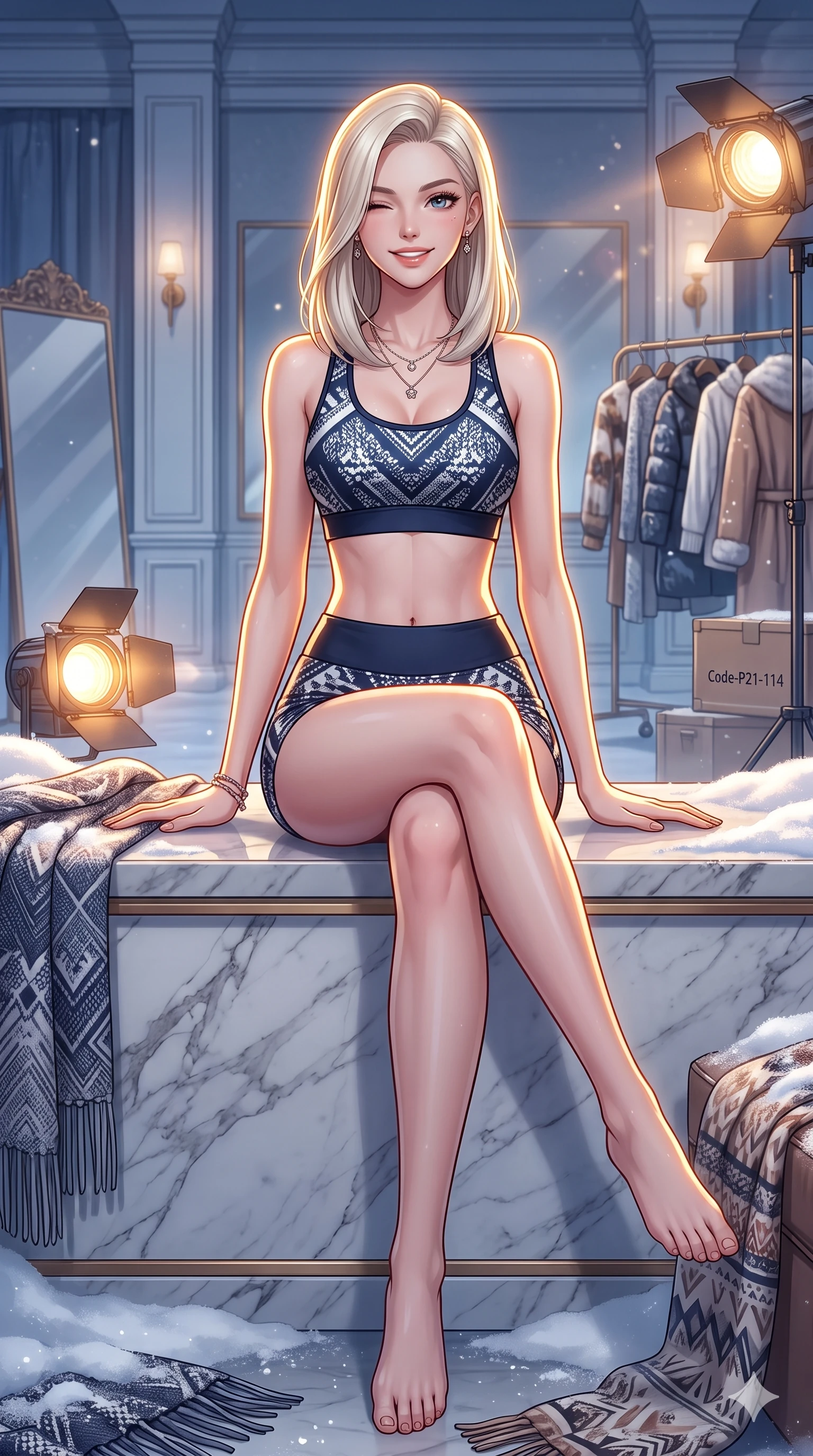 score_9, masterpiece, best quality, ultra-detailed, high-budget anime keyframe, vibrant anime aesthetic, Caucasian woman, strictly human ears. cowboy shot from the thighs up, character and outfit filling the frame for maximum presence. She is sitting on a marble ledge, winking and smiling cheerfully at the viewer in snow inside a high-fashion set with warm spotlights (Code-P21-114). She has an absolutely perfect 8-heads proportion, an exceptionally tall and slender female figure with impossibly long slender legs and an ultra-slim waist. V-shaped jawline, high-bridge nose, intricate jewel-like eyes with depth, thick eyelashes, glossy lips with a natural sheen. wearing a skin-tight activewear set with sports bra and micro-shorts in winter. She is intense warm winter rim lights, outlining her 8-heads proportion and V-shaped jawline. 2k, ultra detail, master piece, 9:16 ratio